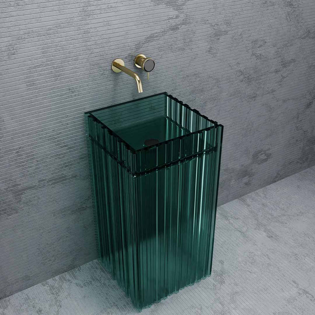 Lavoar freestanding, patrat, din rasina, turcoaz transparent, 45 cm, finisaj mat, MonBlari