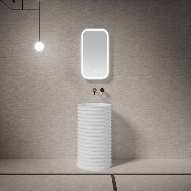 Lavoar freestanding, rotund, din compozit, alb, 50 cm, cu riflaje, MonBlari
