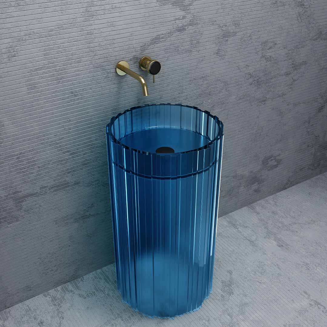 Lavoar freestanding, rotund, din rasina, albastru transparent, 50 cm, finisaj mat, MonBlari