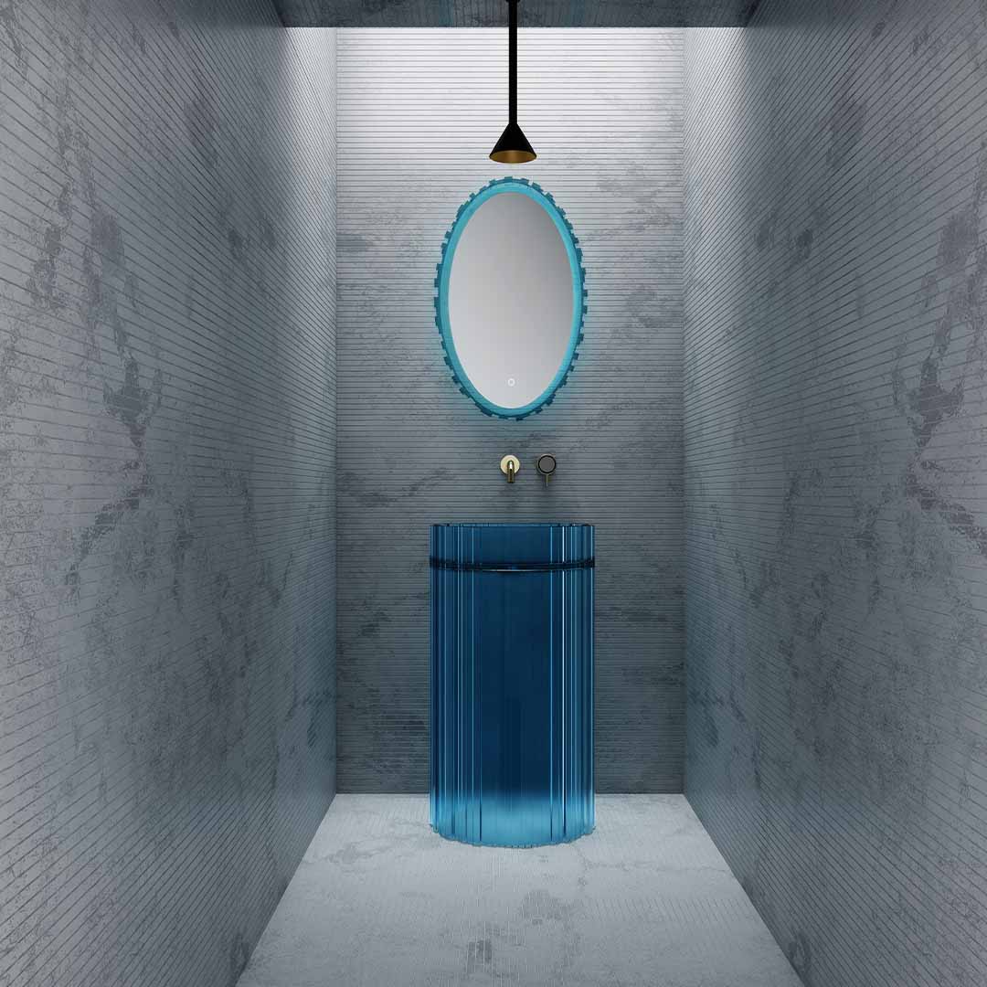 Lavoar freestanding, rotund, din rasina, albastru transparent, 50 cm, finisaj mat, MonBlari