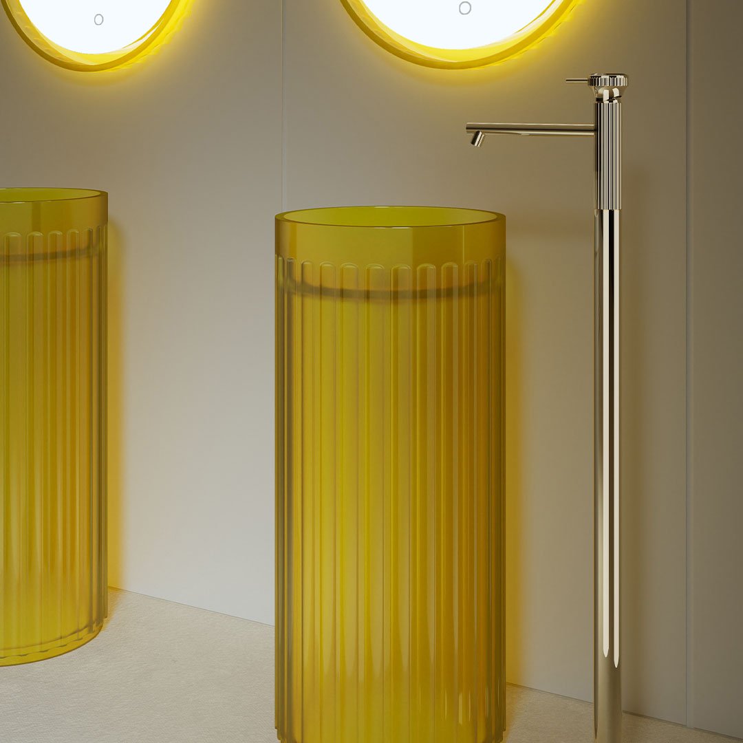 Lavoar freestanding, rotund, din rasina, galben transparent, 40 cm, finisaj mat, MonBlari