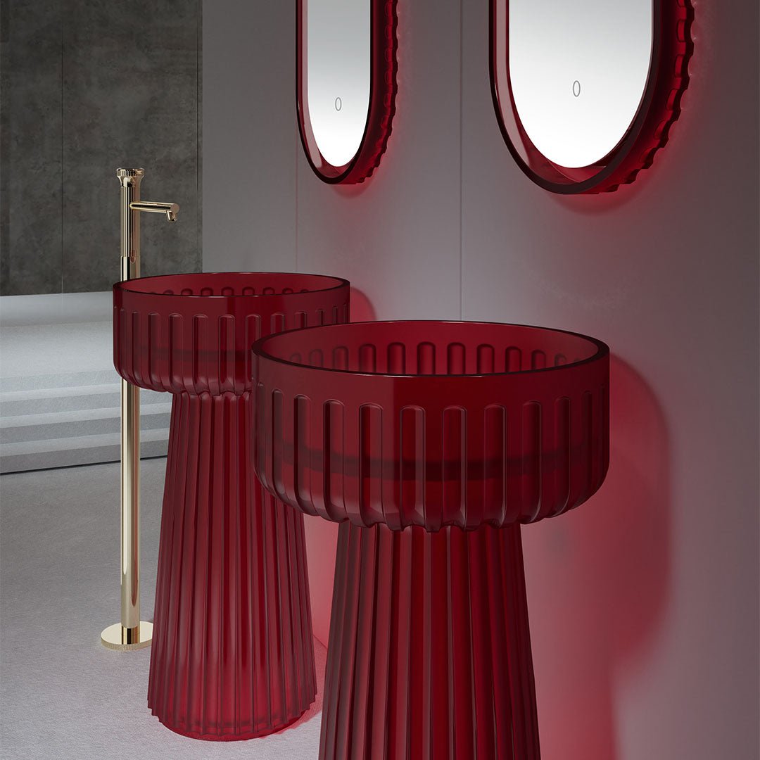 Lavoar freestanding, rotund, din rasina, rosu transparent, 50 cm, finisaj mat, MonBlari