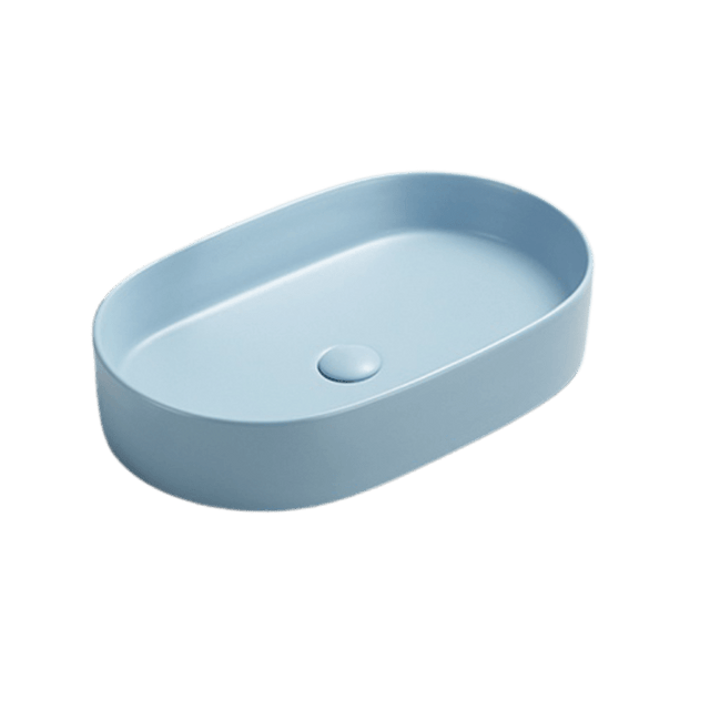 Lavoar oval pe blat albastru mat cu ventil inclus 52x30 cm