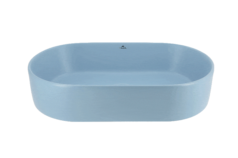 Lavoar oval pe blat albastru mat cu ventil inclus 52x30 cm