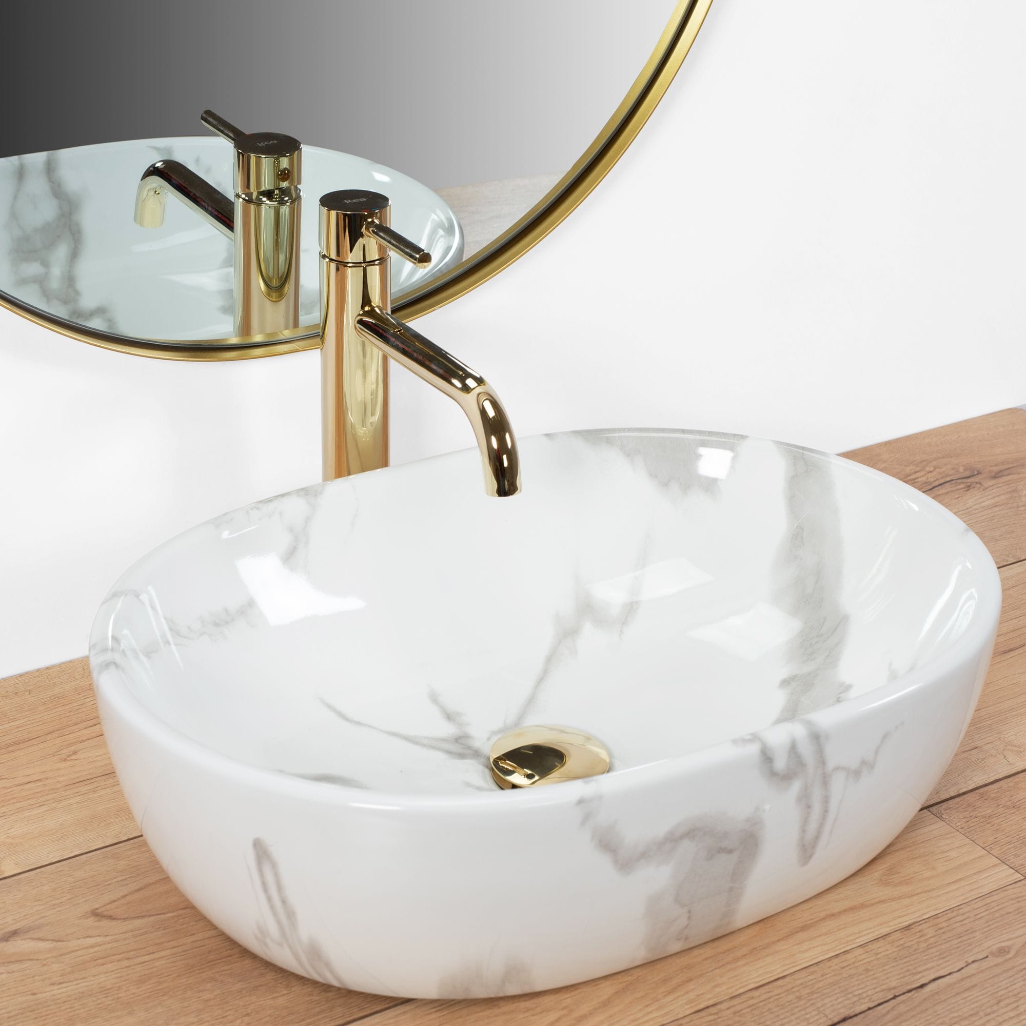 Lavoar pe blat ceramic Rea Amelia Marmo  , latime de 34.5  cm,  imitatie piatra