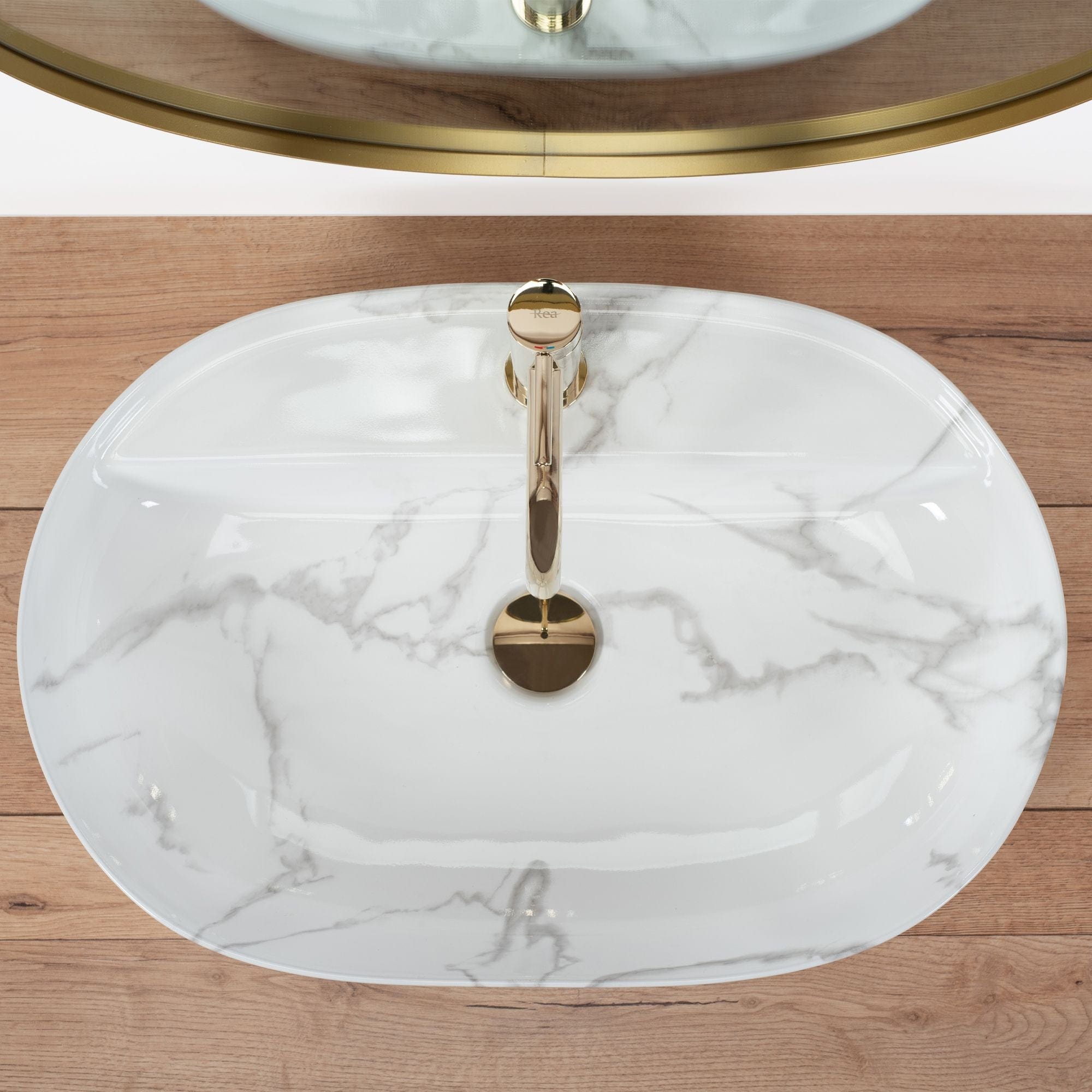 Lavoar pe blat ceramic Rea Aura 61 , latime de 41 cm, imitatie marmura