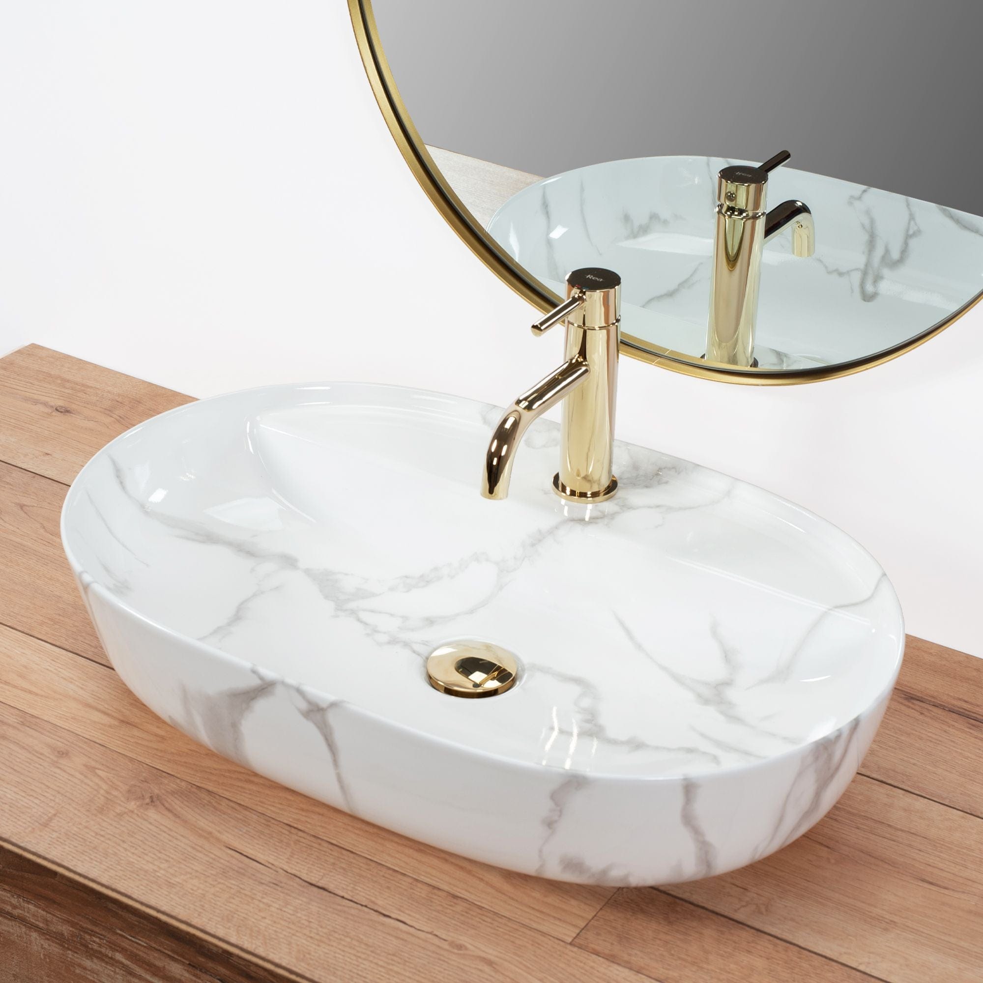 Lavoar pe blat ceramic Rea Aura 61 , latime de 41 cm, imitatie marmura