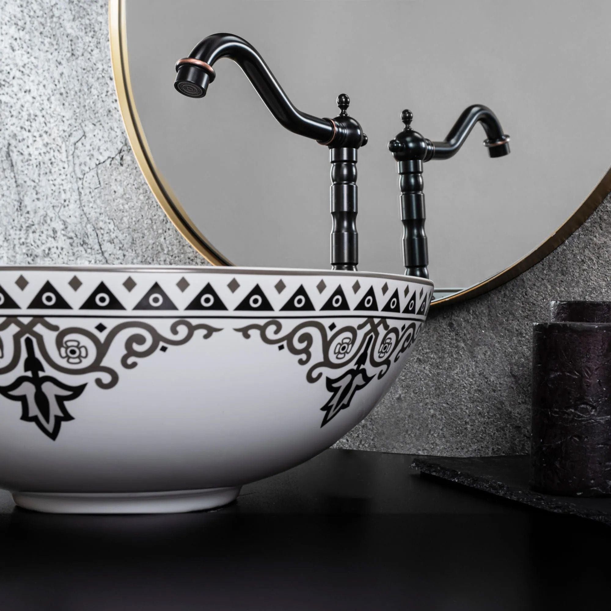 Lavoar pe blat ceramic Rea Etno, latime de 40 cm, alb-negru