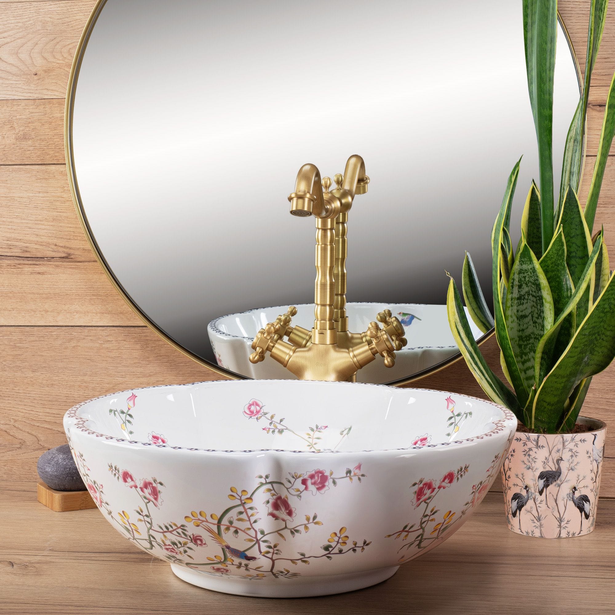 Lavoar pe blat ceramic Rea Felicia, latime de 42.5 cm, alb inflorat