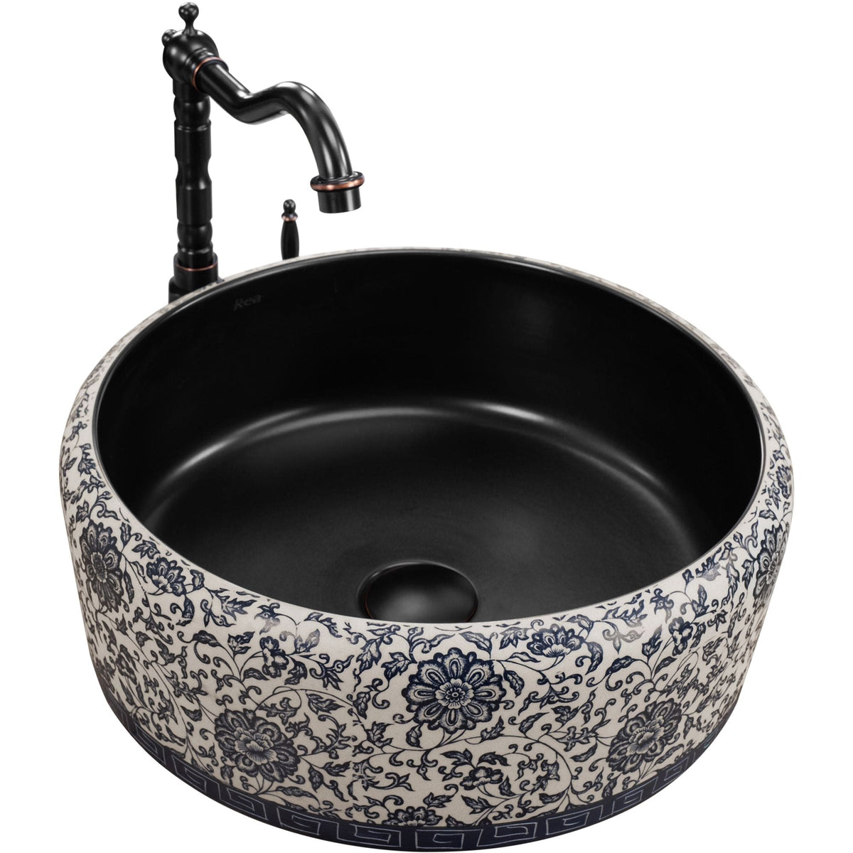 Lavoar pe blat ceramic Rea Florisa, 40 cm, negru inflorat