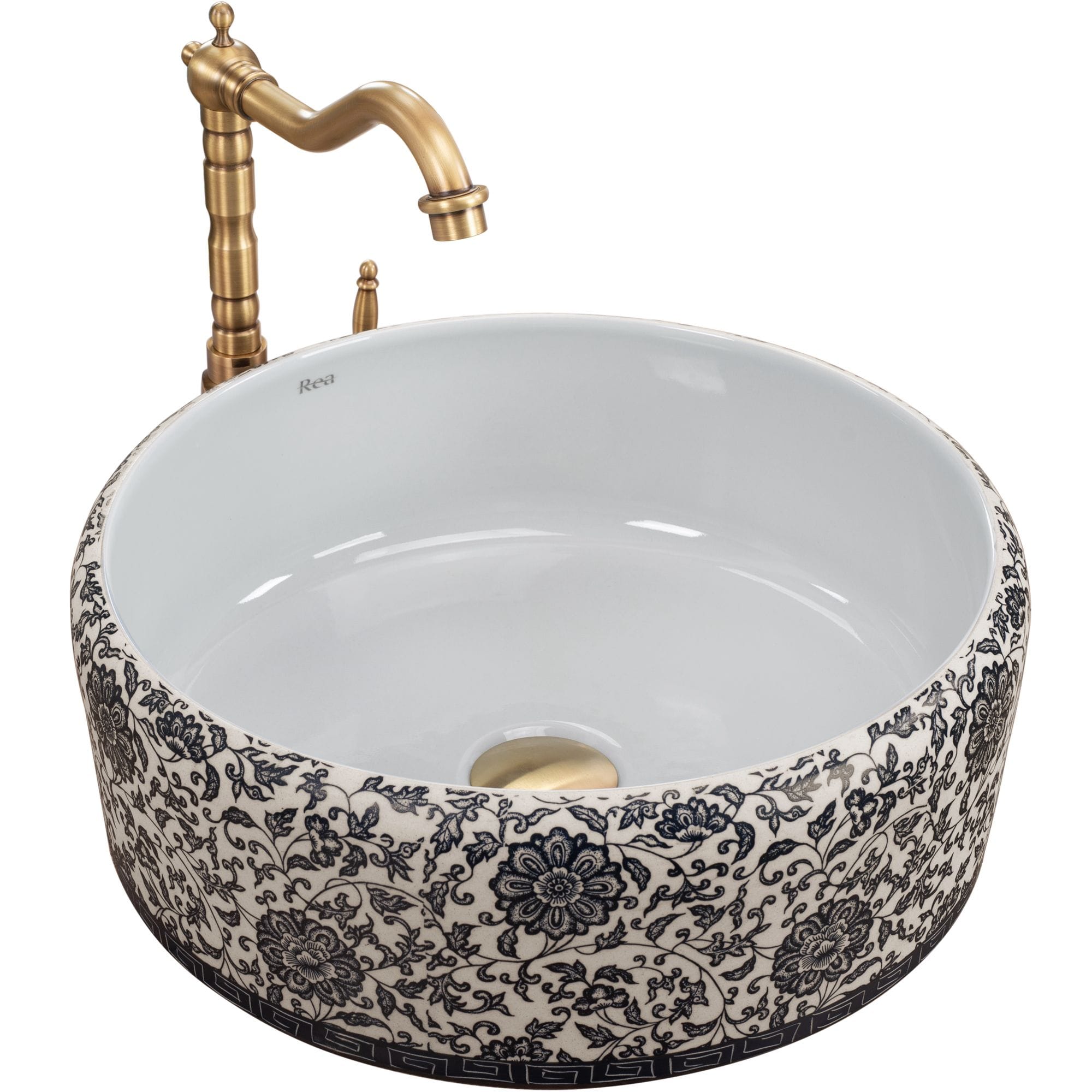 Lavoar pe blat ceramic Rea Florisa, latime de 40 cm, alb inflorat