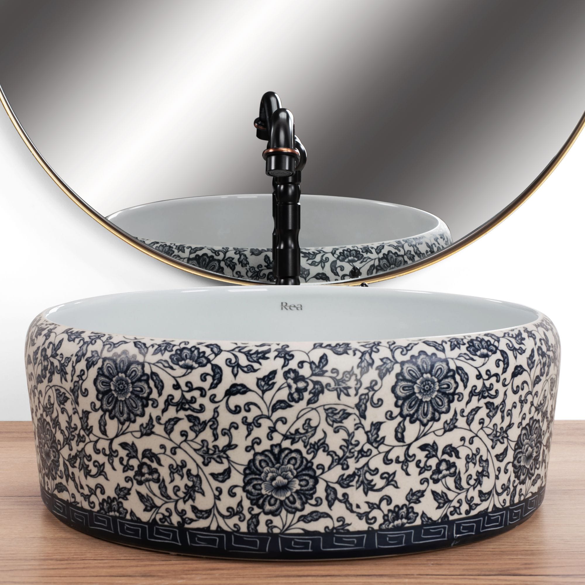 Lavoar pe blat ceramic Rea Florisa, latime de 40 cm, alb inflorat
