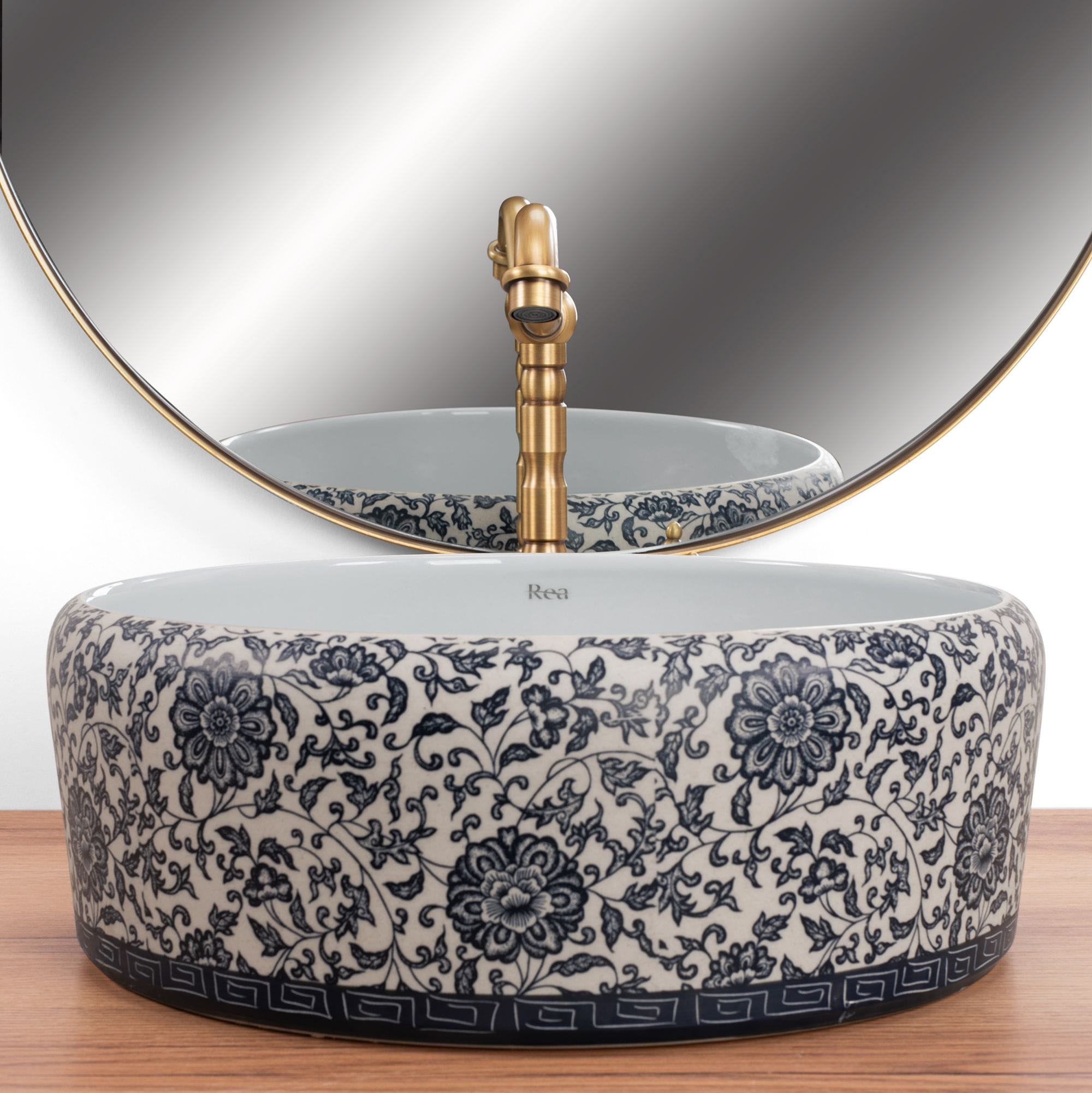 Lavoar pe blat ceramic Rea Florisa, latime de 40 cm, alb inflorat