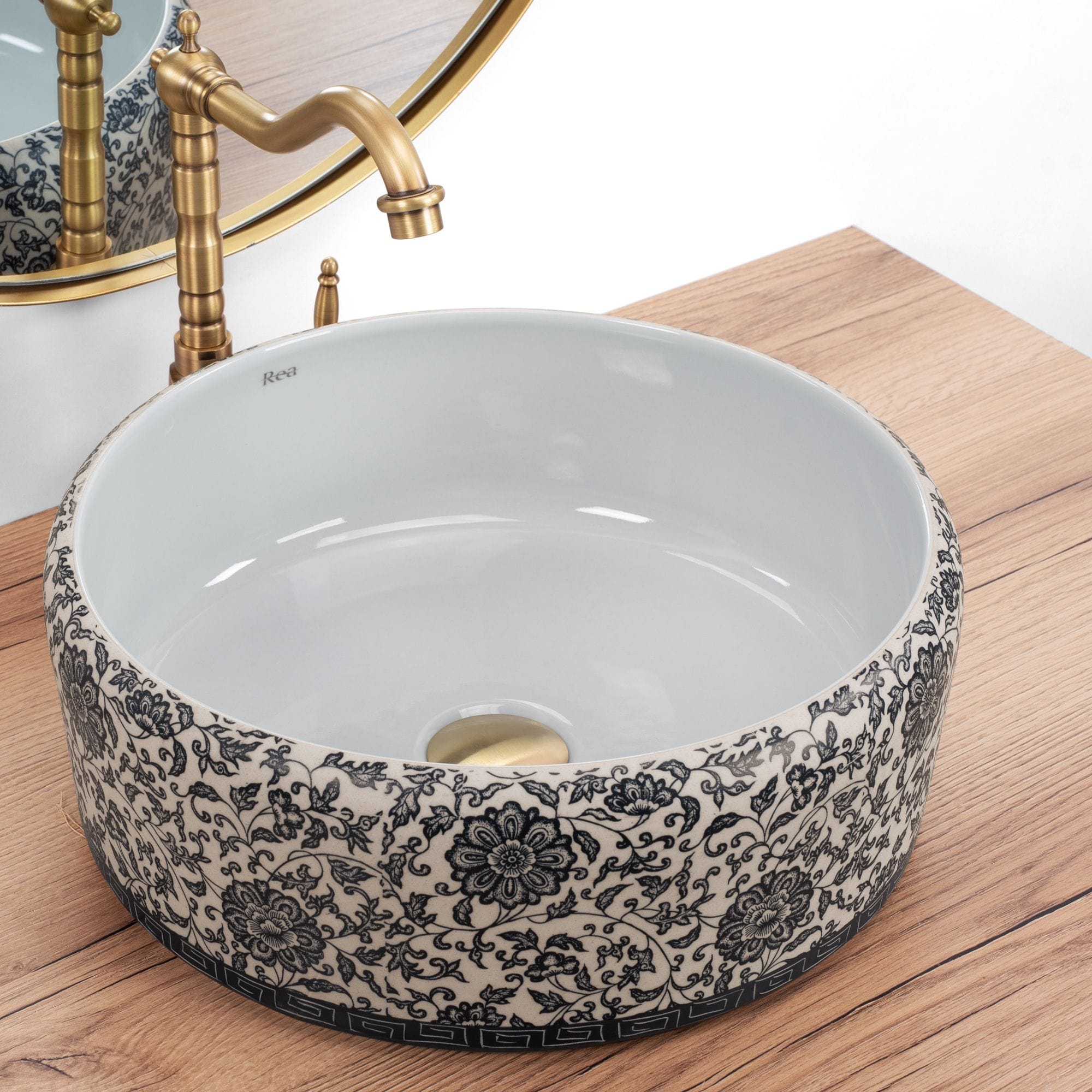 Lavoar pe blat ceramic Rea Florisa, latime de 40 cm, alb inflorat