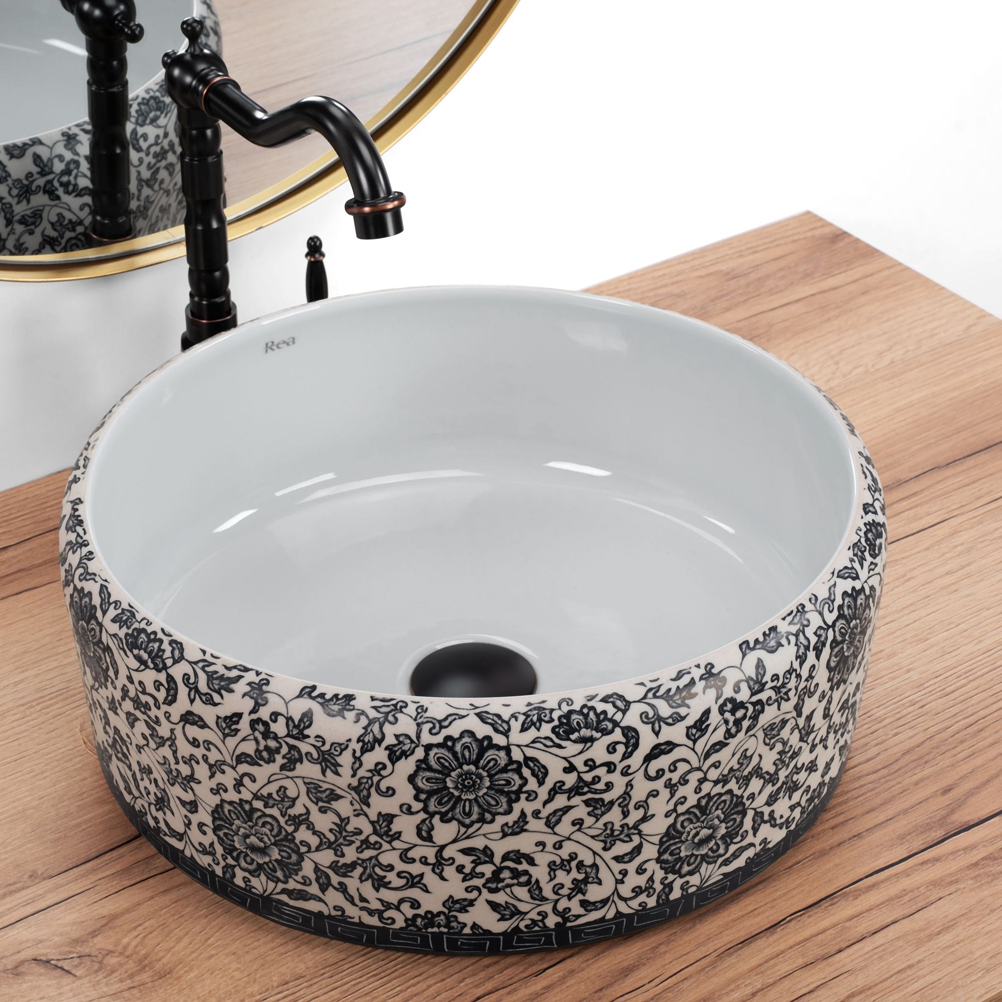 Lavoar pe blat ceramic Rea Florisa, latime de 40 cm, alb inflorat