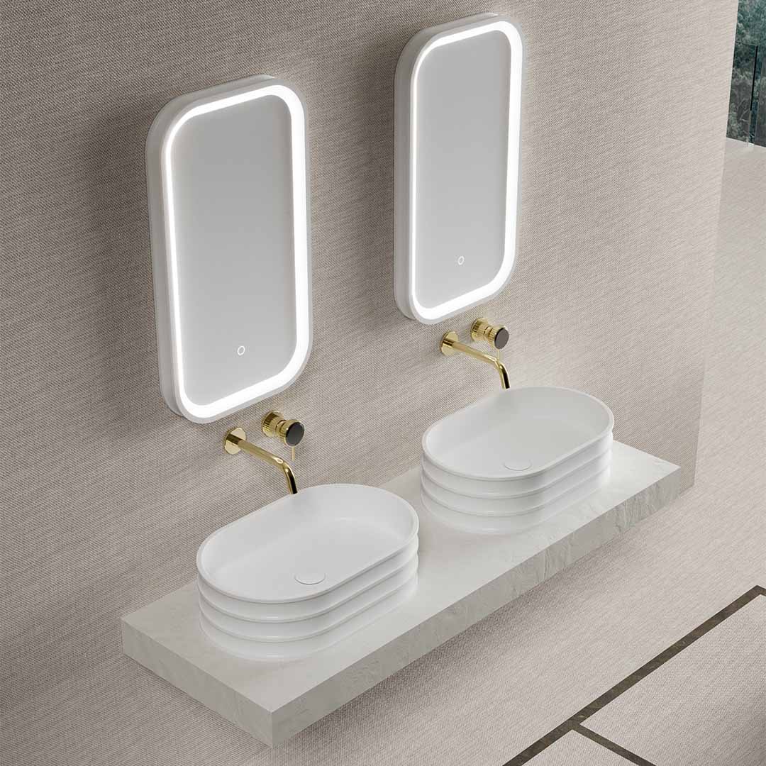 Lavoar pe blat, oval, din compozit, alb, 56 cm, cu riflaje, MonBlari