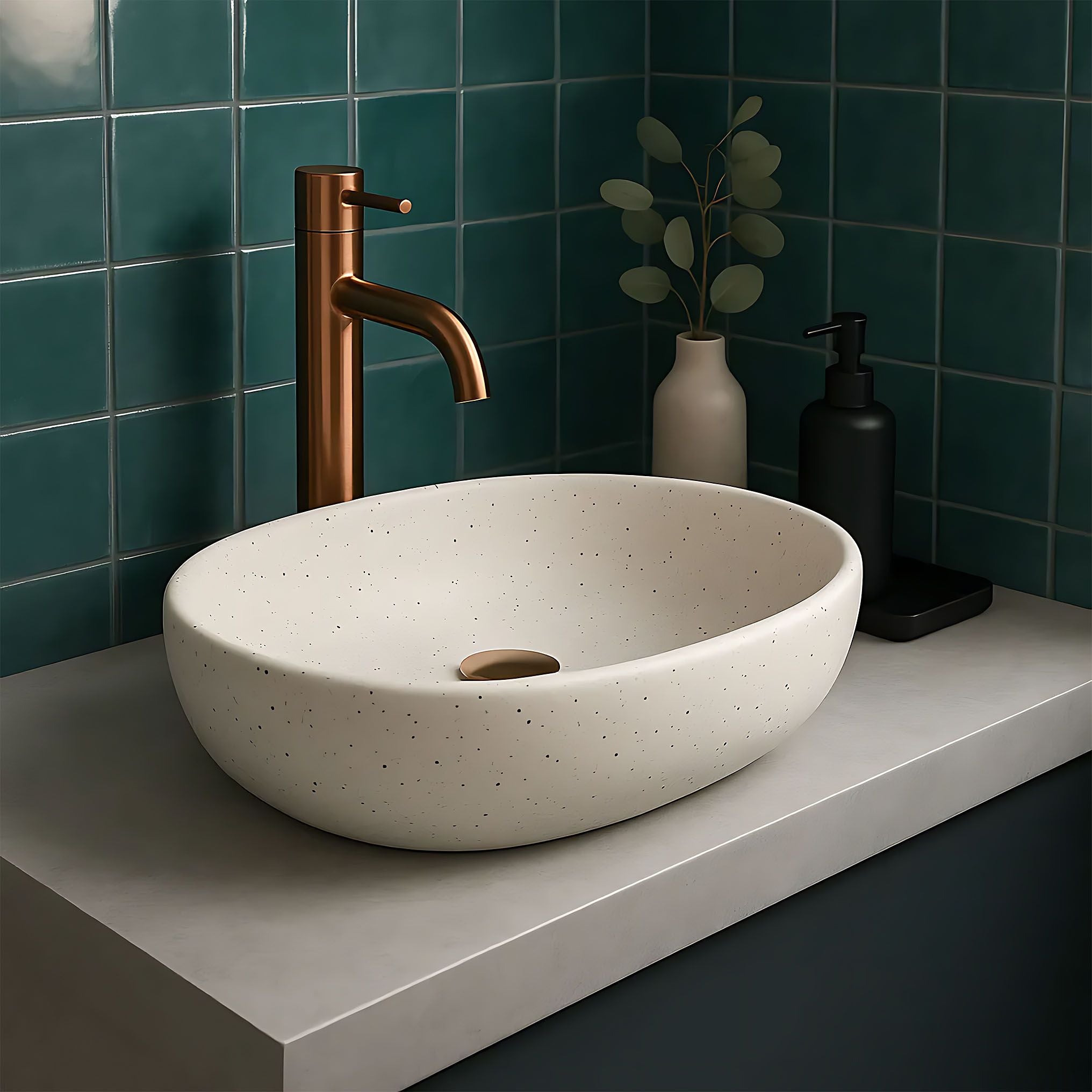Lavor de baie, pe blat, oval, 48 cm, imitatie piatra mat, Rea