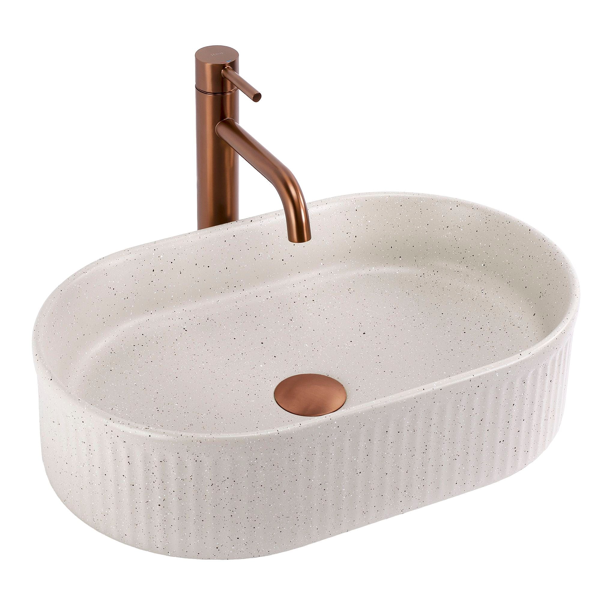Lavor de baie, pe blat, oval, 49 cm, imitatie piatra bej mat, Rea