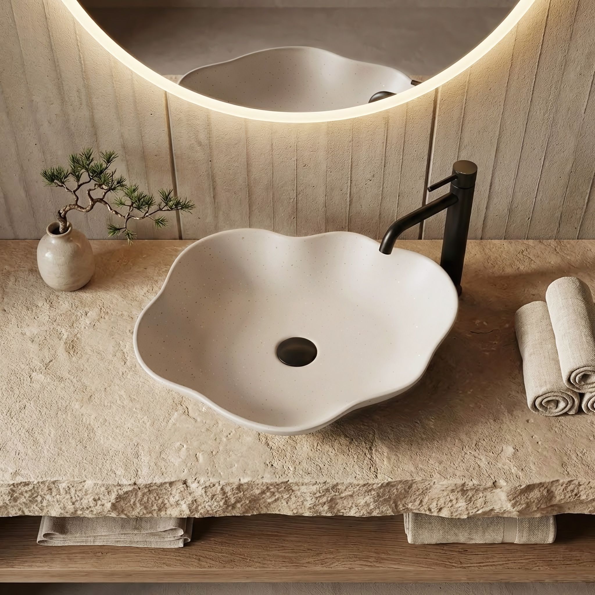 Lavor de baie, pe blat, oval, 50.5 cm, imitatie piatra bej mat, Rea