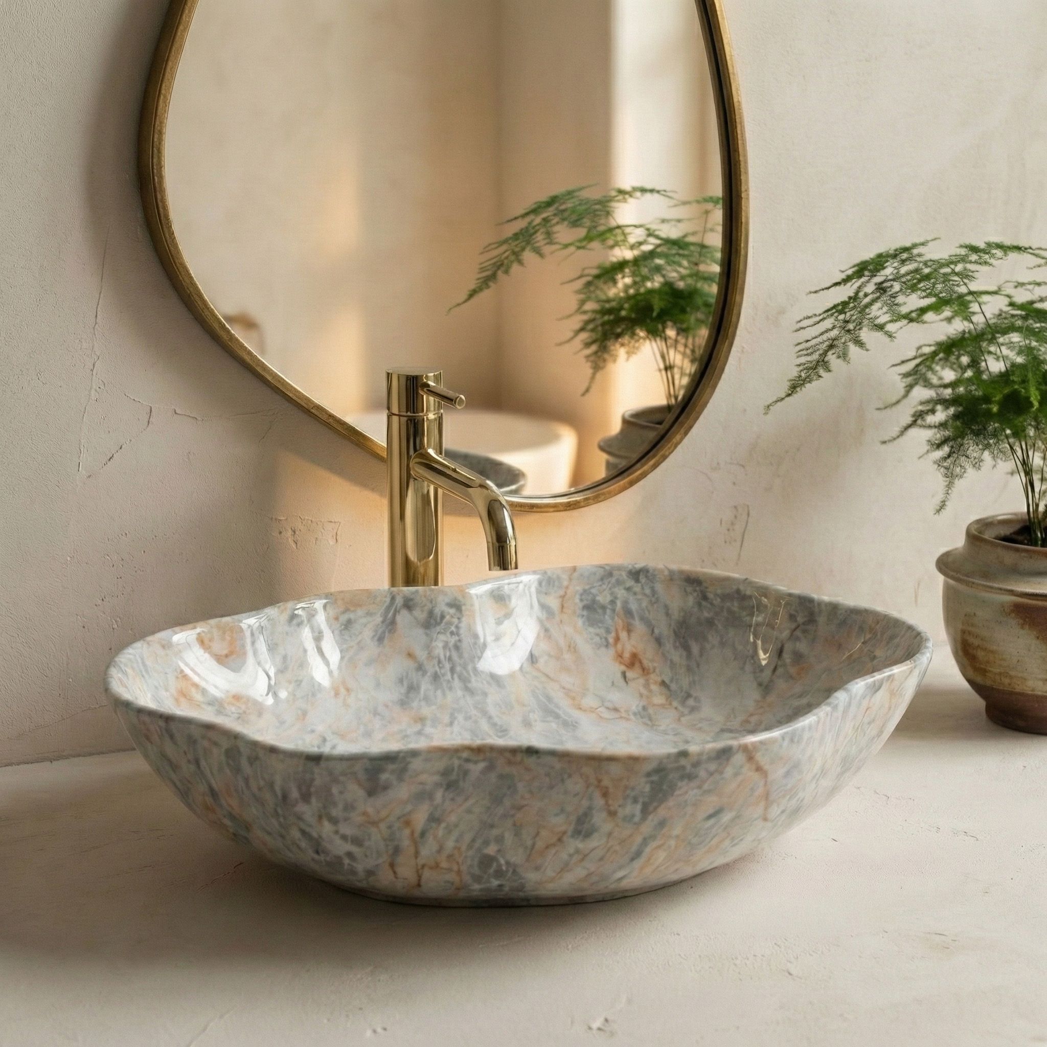 Lavor de baie, pe blat, oval, 50.5 cm, imitatie piatra lucios, Rea