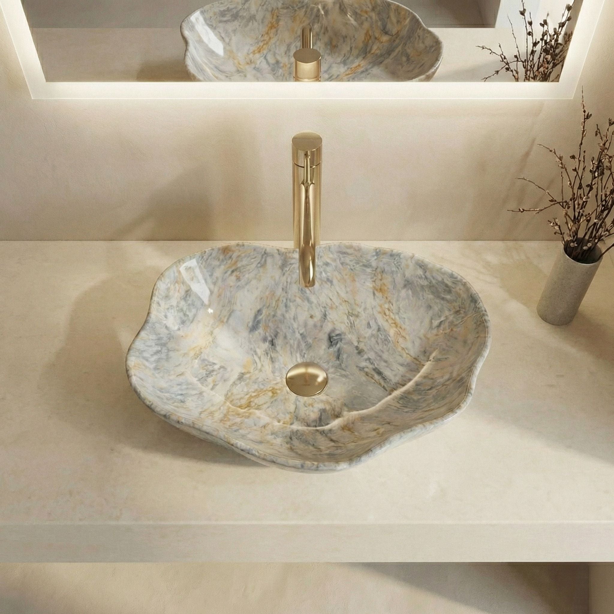 Lavor de baie, pe blat, oval, 50.5 cm, imitatie piatra lucios, Rea