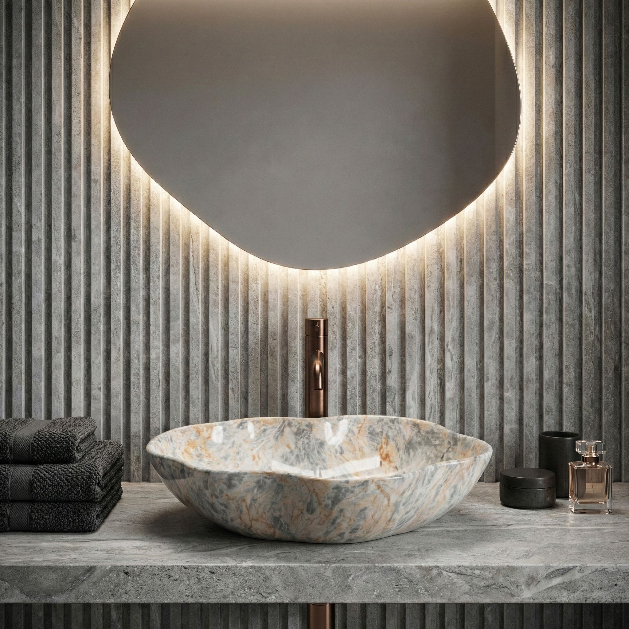 Lavor de baie, pe blat, oval, 50.5 cm, imitatie piatra lucios, Rea