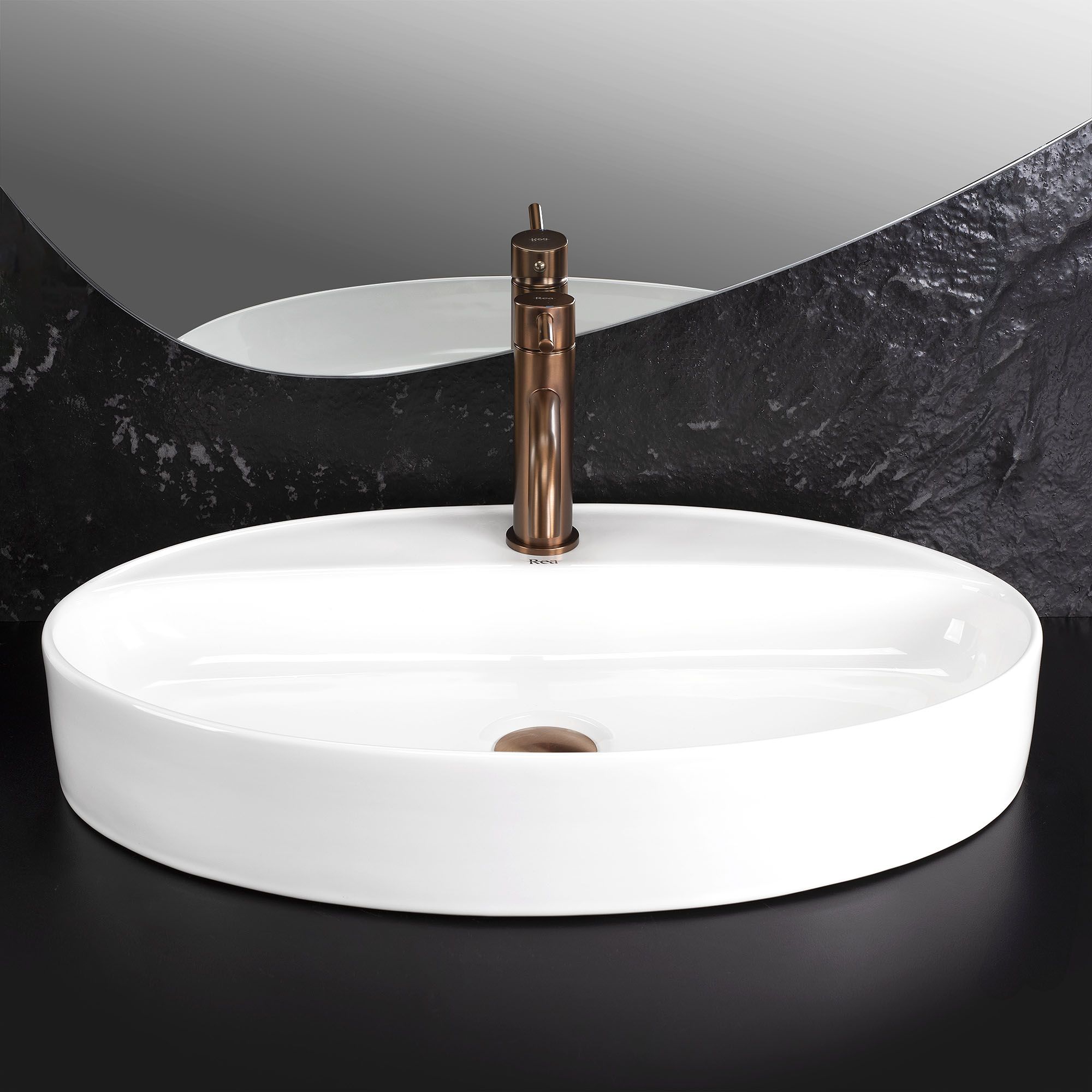 Lavor de baie, pe blat, oval, 61 cm, alb lucios, Rea