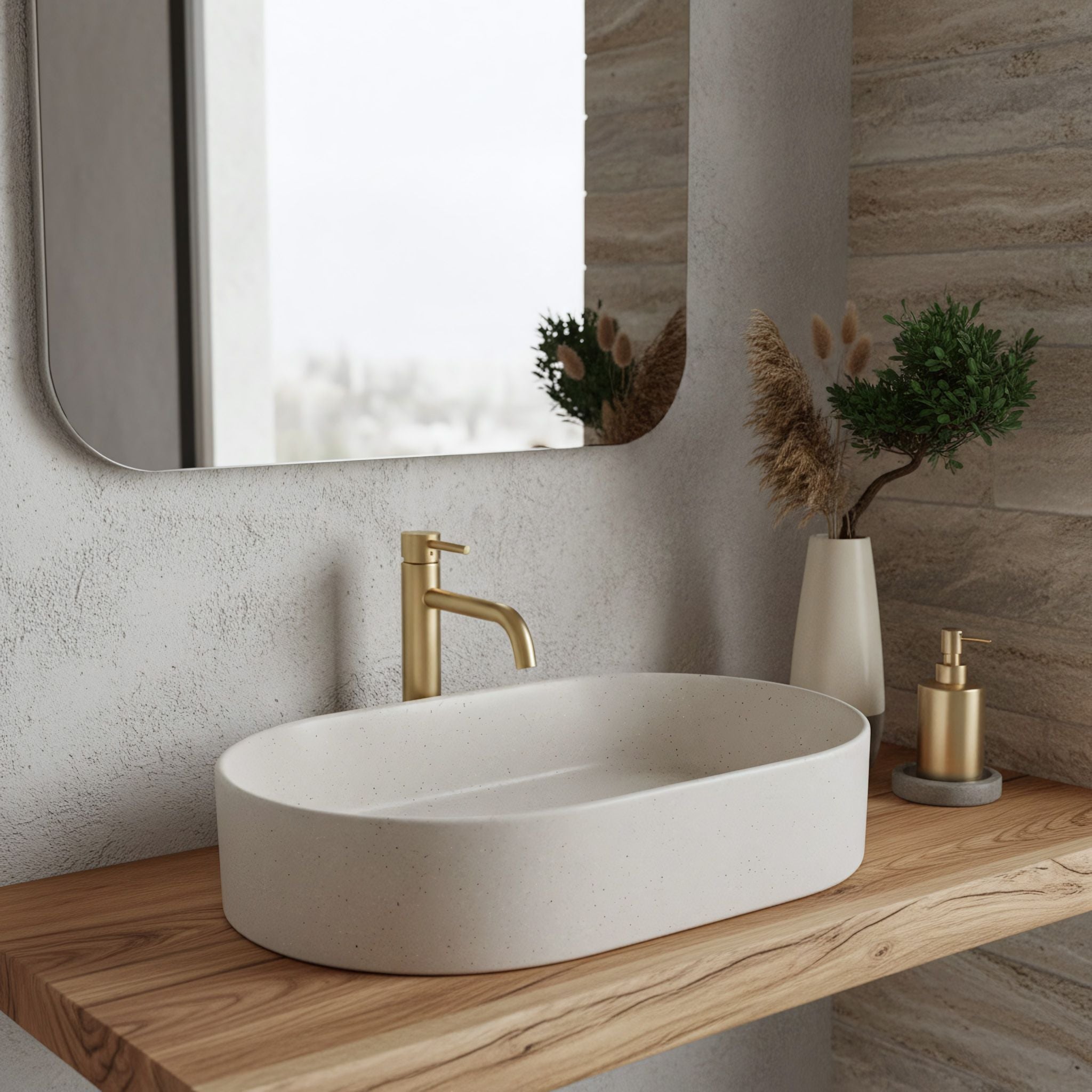 Lavor de baie, pe blat, oval, 61 cm, imitatie piatra bej mat, Rea