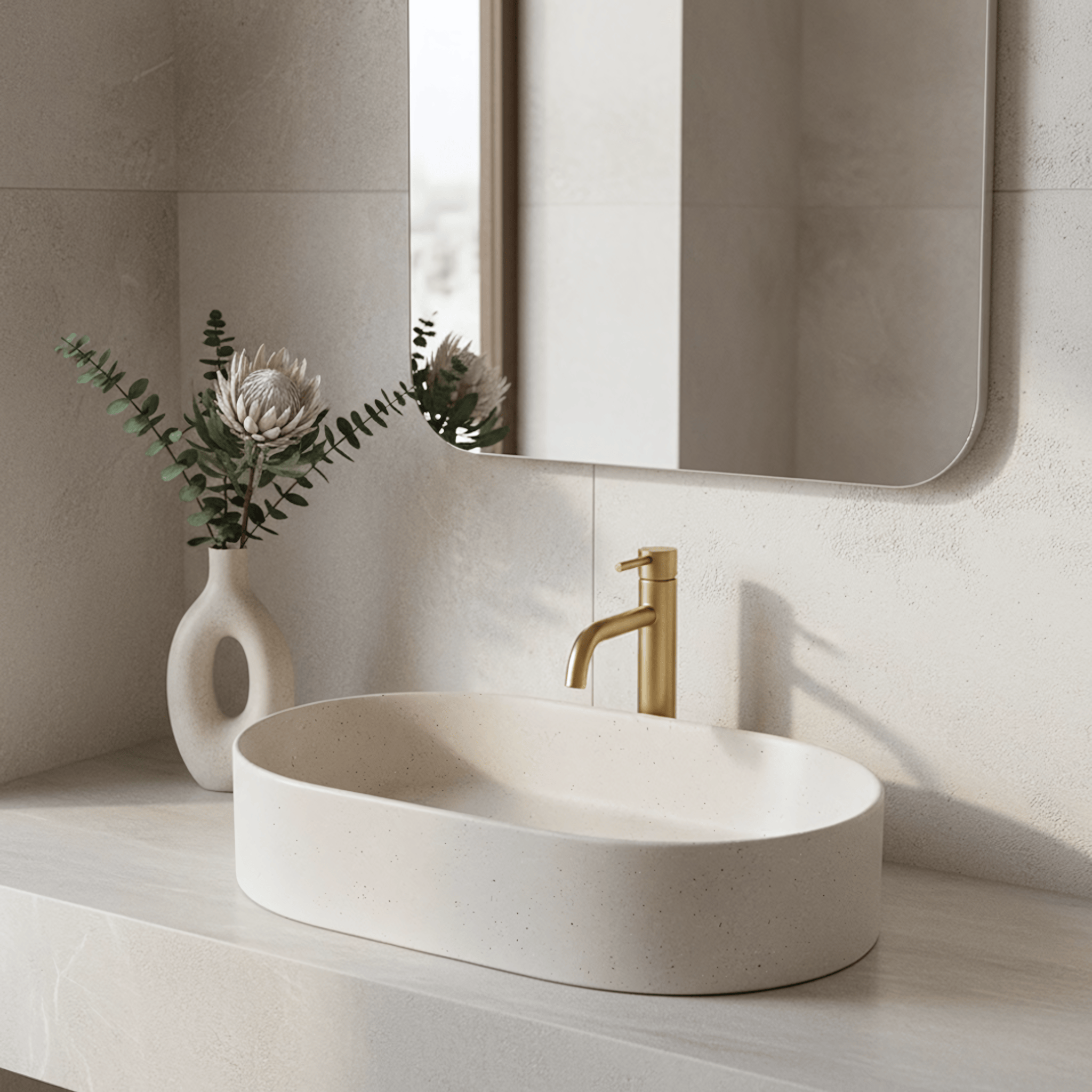 Lavor de baie, pe blat, oval, 61 cm, imitatie piatra bej mat, Rea
