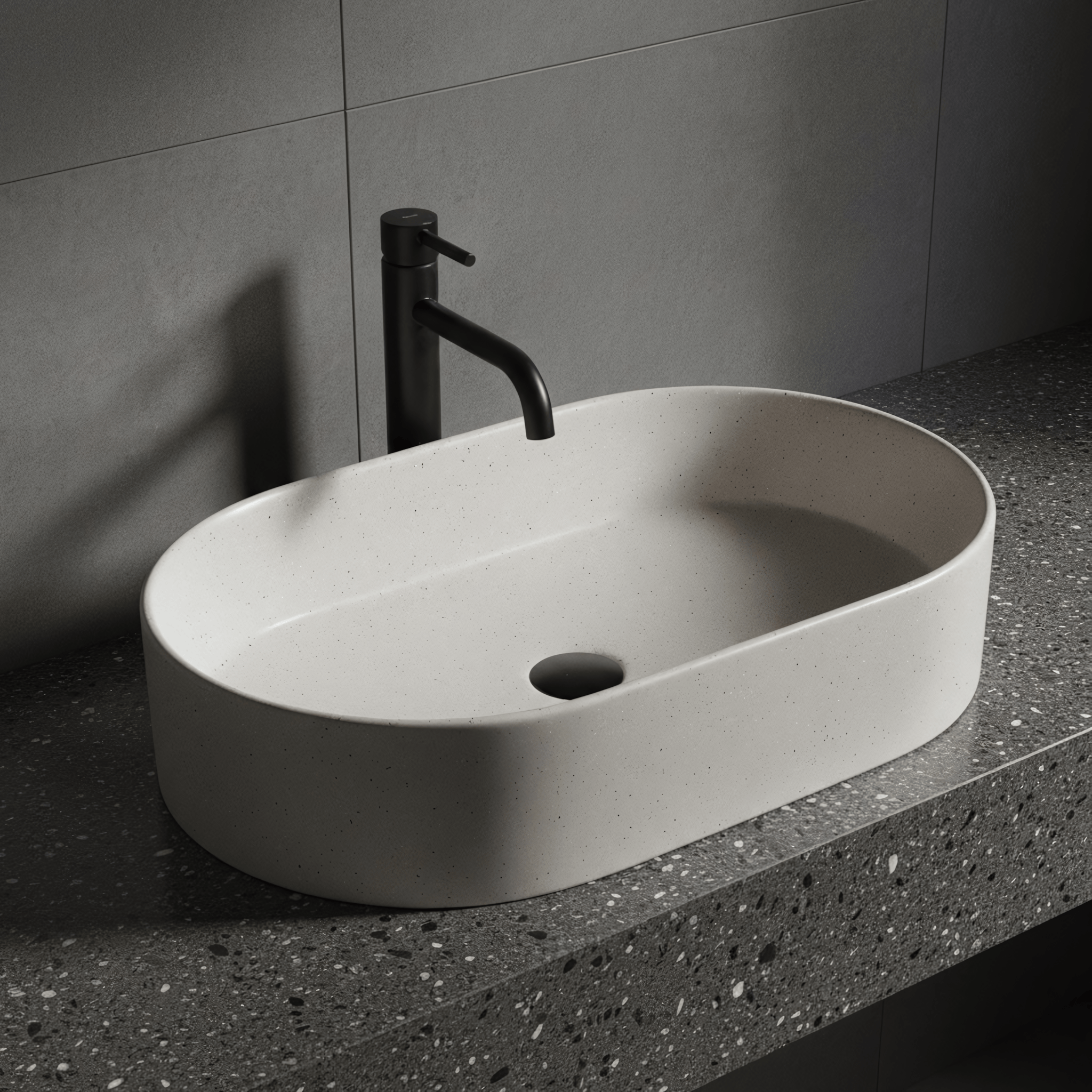 Lavor de baie, pe blat, oval, 61 cm, imitatie piatra bej mat, Rea