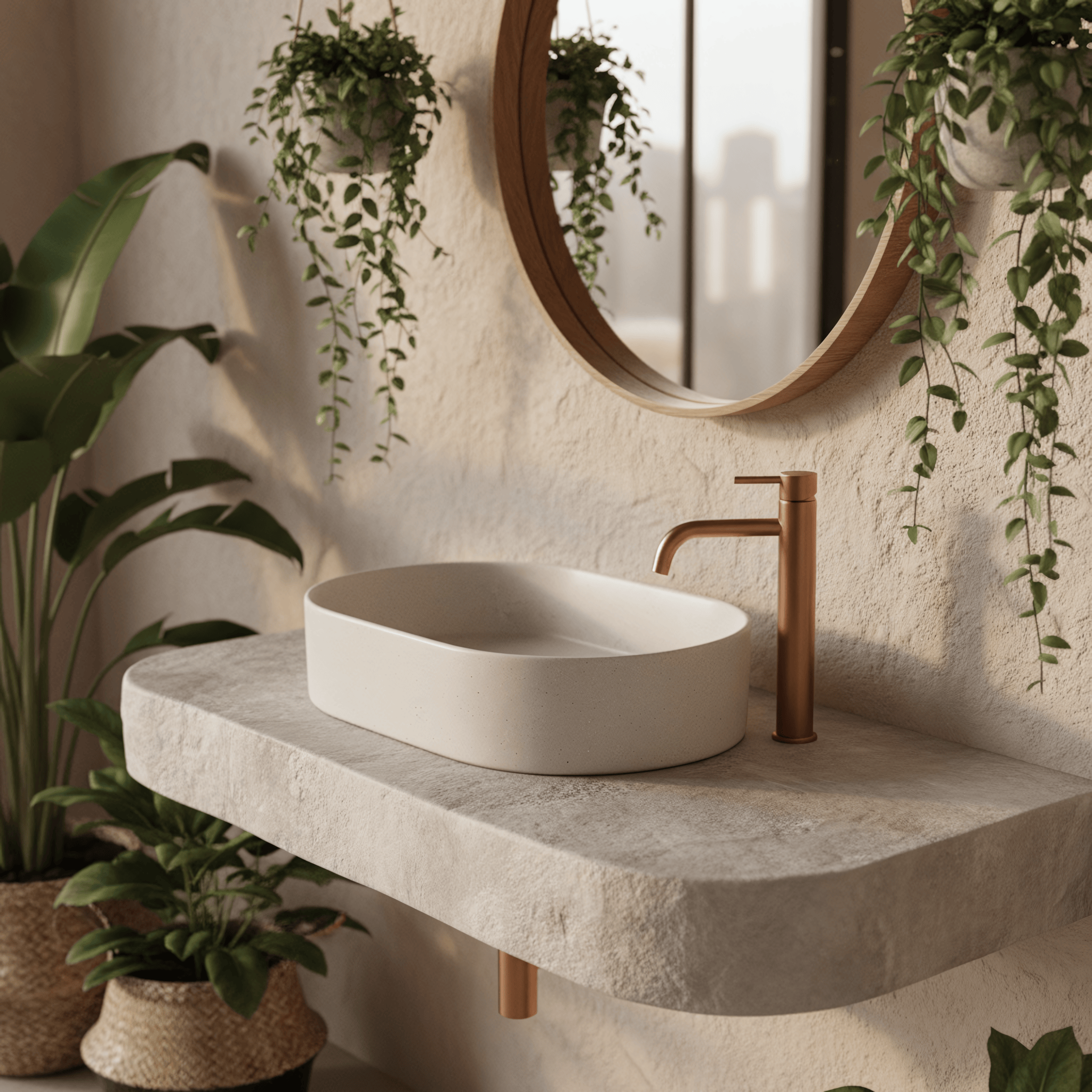 Lavor de baie, pe blat, oval, 61 cm, imitatie piatra bej mat, Rea
