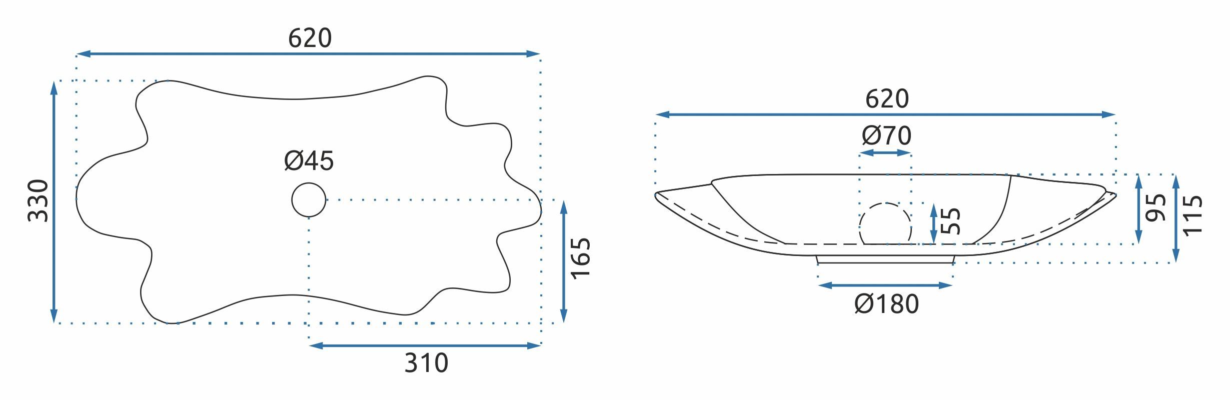Lavor de baie, pe blat, oval, 62 cm, cu ventil, alb lucios, Rea