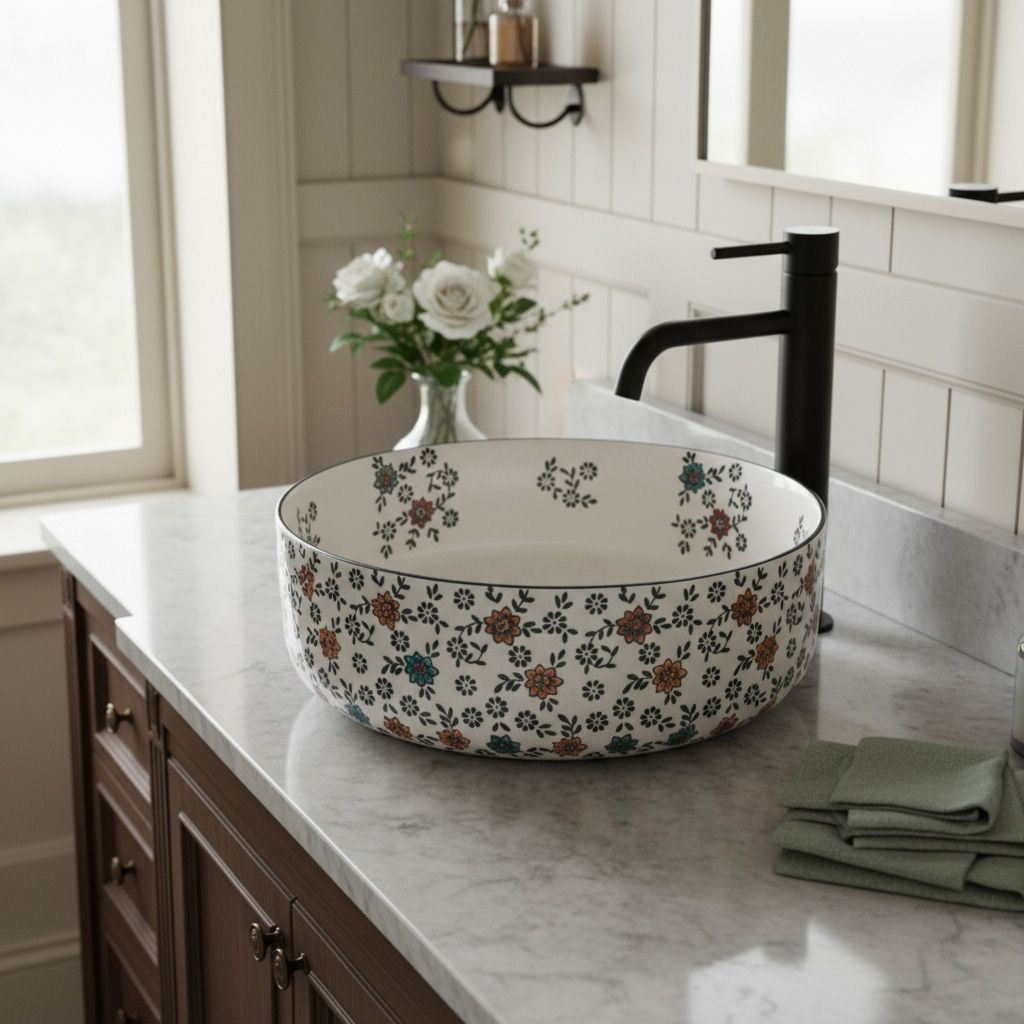 Lavor de baie, pe blat, rotund, 36 cm, floral mat, Rea Stefania