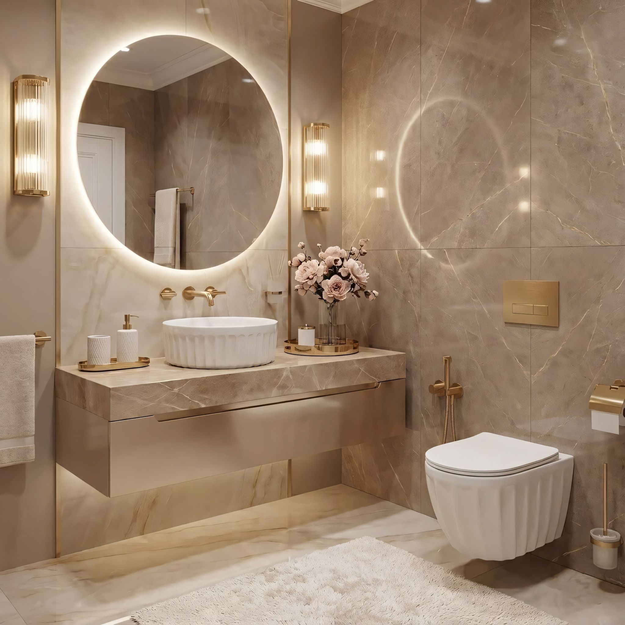 Lavor de baie, pe blat, rotund, 38 cm, alb lucios, Rea