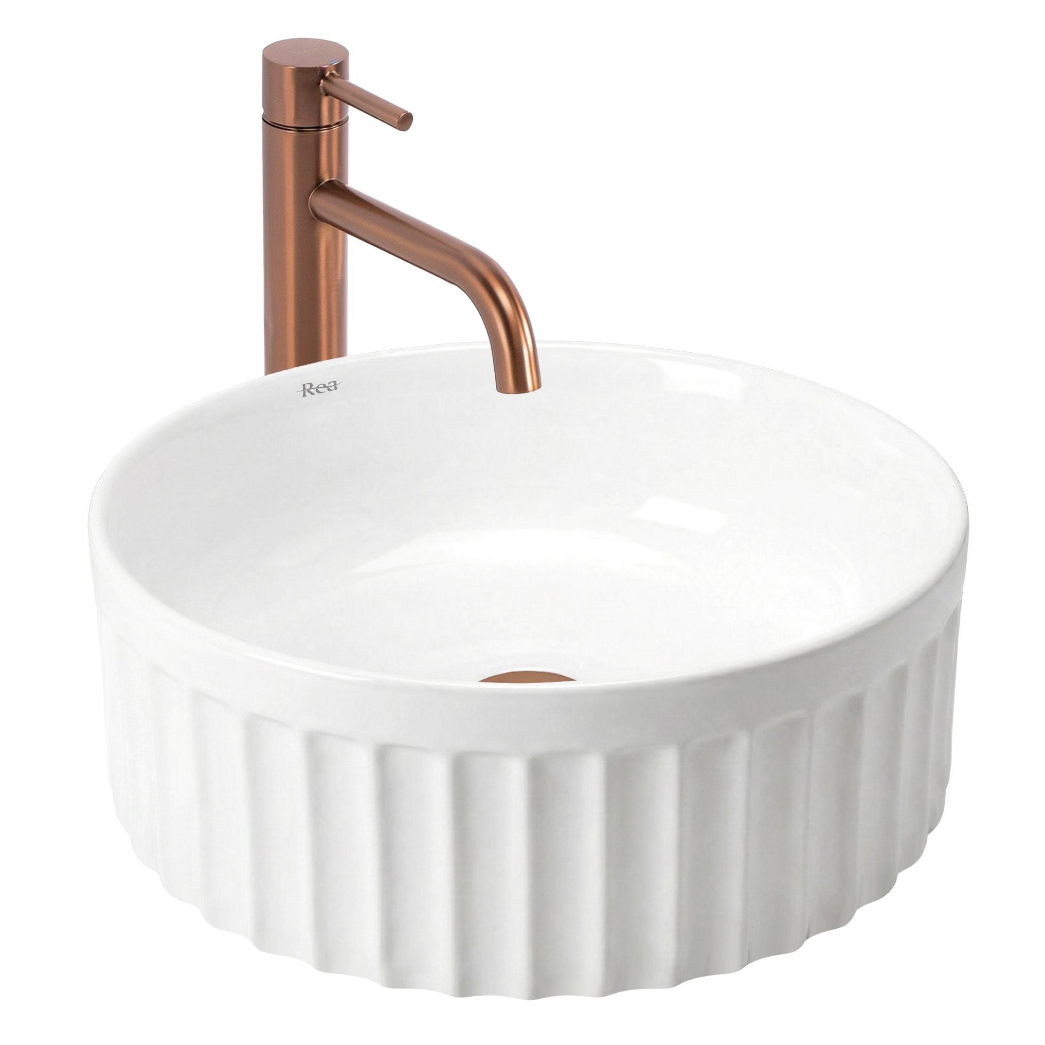 Lavor de baie, pe blat, rotund, 38 cm, alb lucios, Rea