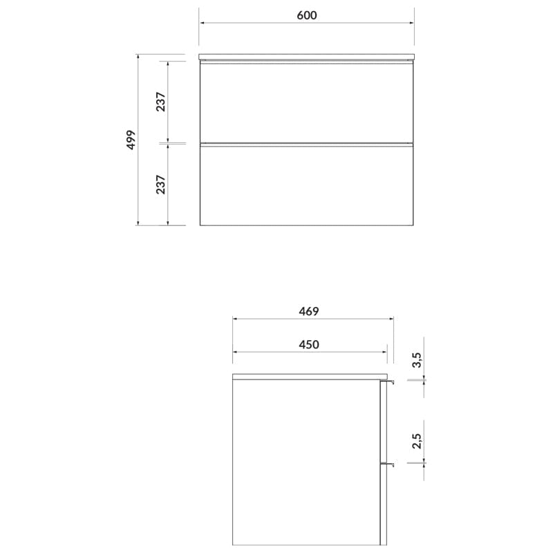 Mobilier suspendat Cersanit 60 cm, alb cu manere negre, pentru lavoar pe blat