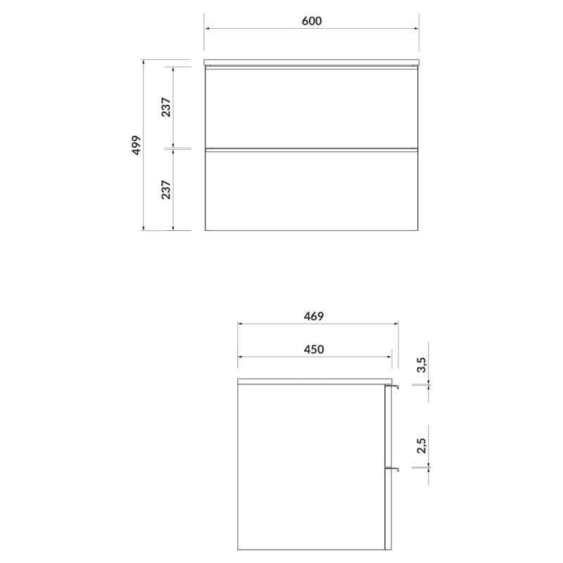 Mobilier suspendat Cersanit 60 cm, gri stejar cu manere negre, pentru lavoar pe blat