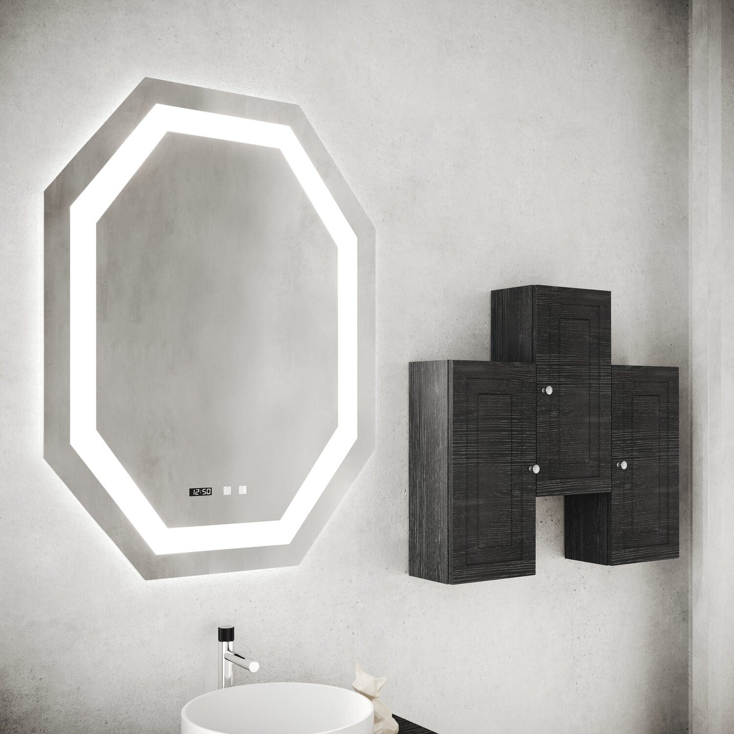 Oglindă cu sistem retroluminare LED SaviniDue, cu touch, octagonală, 75 x 100 cm