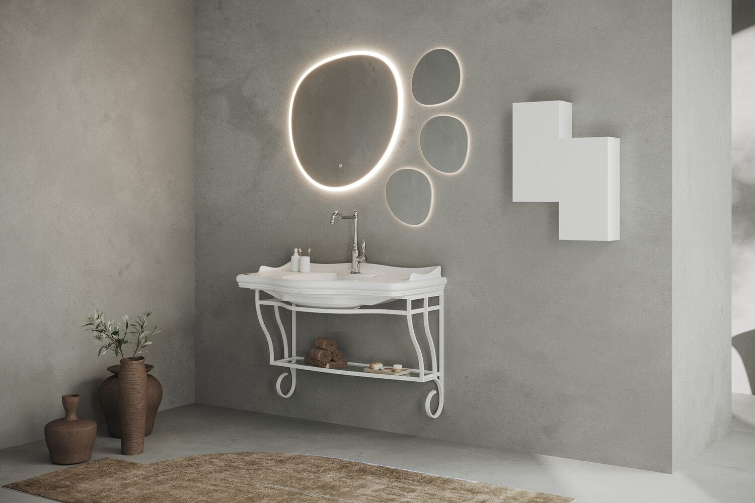 Oglindă cu sistem retroluminare LED SaviniDue și margini iluminate, cu touch, pătrat rotunjit, 82 x 72 cm