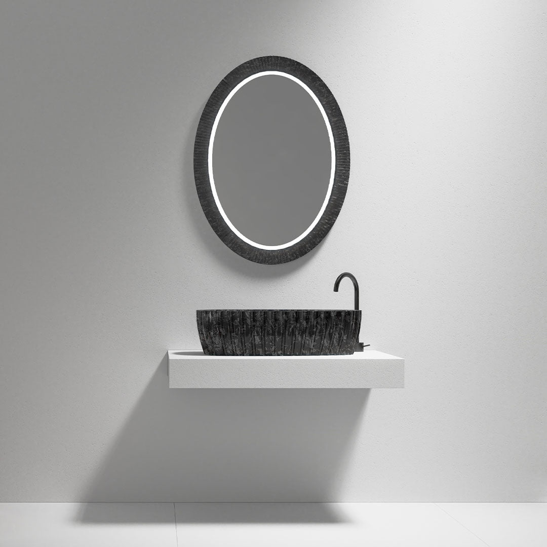 Oglinda de baie, cu LED, ovala, fibra de carbon, 60x80 cm, MonBlari