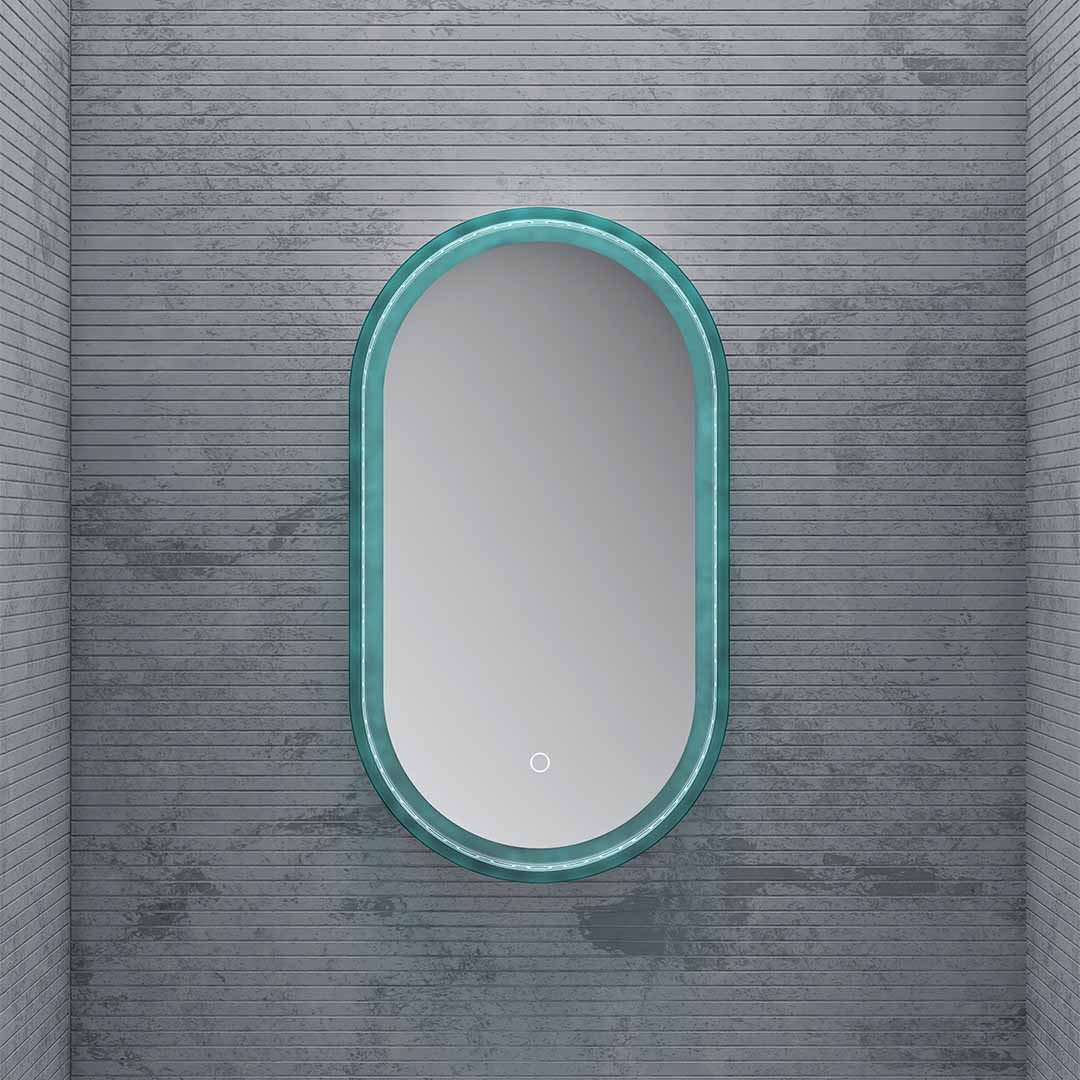 Oglinda de baie, cu led si touch, ovala, rama transparenta albastra, 45x80 cm, MonBlari