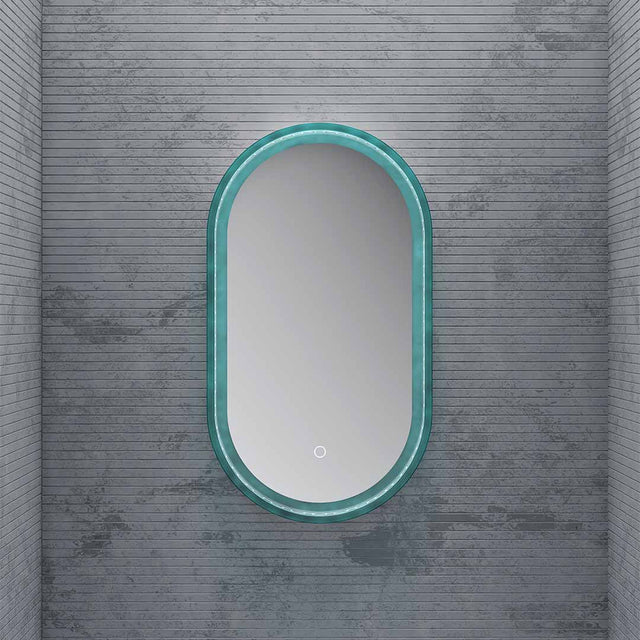 Oglinda de baie, cu led si touch, ovala, rama transparenta albastra, 45x80 cm, MonBlari