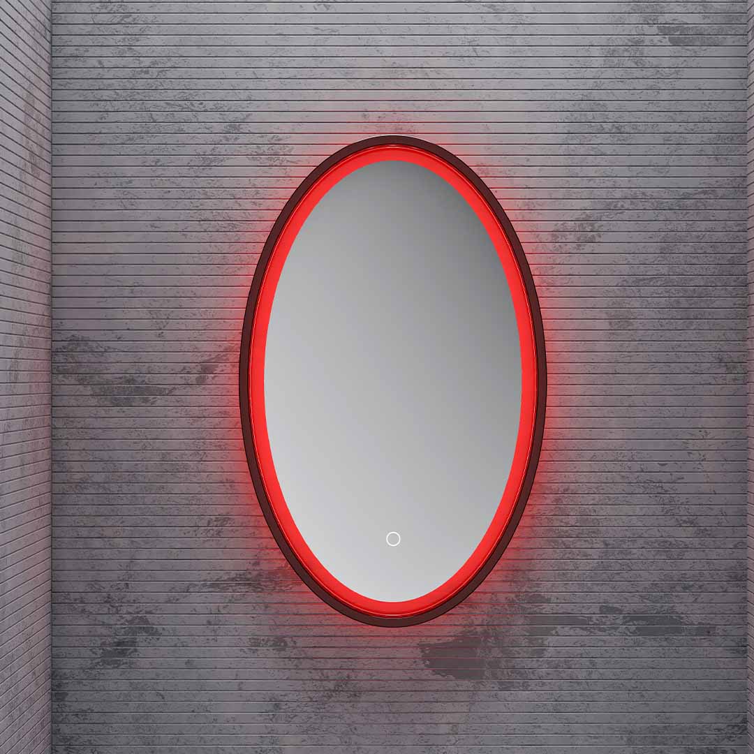 Oglinda de baie, cu led si touch, ovala, rama transparenta rosie, 45x80 cm, MonBlari
