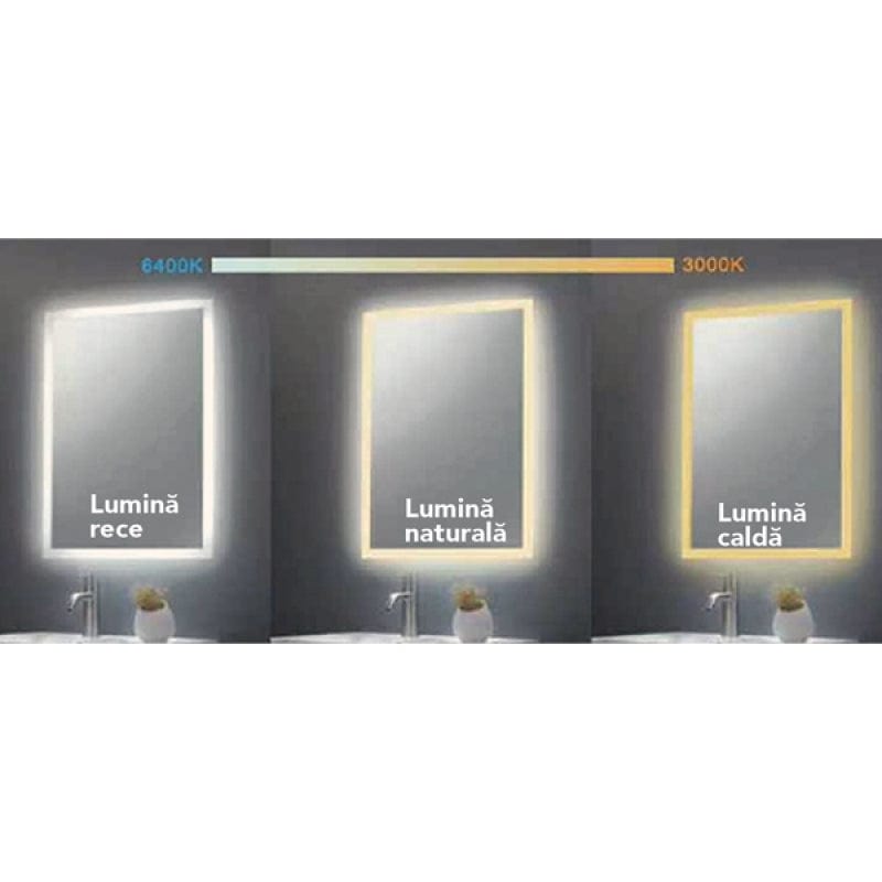 Oglinda Fluminia Ando-90 cu iluminare LED 3 culori si dezaburire, dreptunghiulara, 90x75 cm