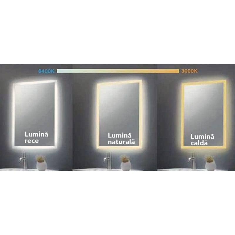 Oglindă Fluminia, Palladio 60, dreptunghiulară 60 x 80 cm, cu LED Ambiental Light, 3 culori, dezaburire