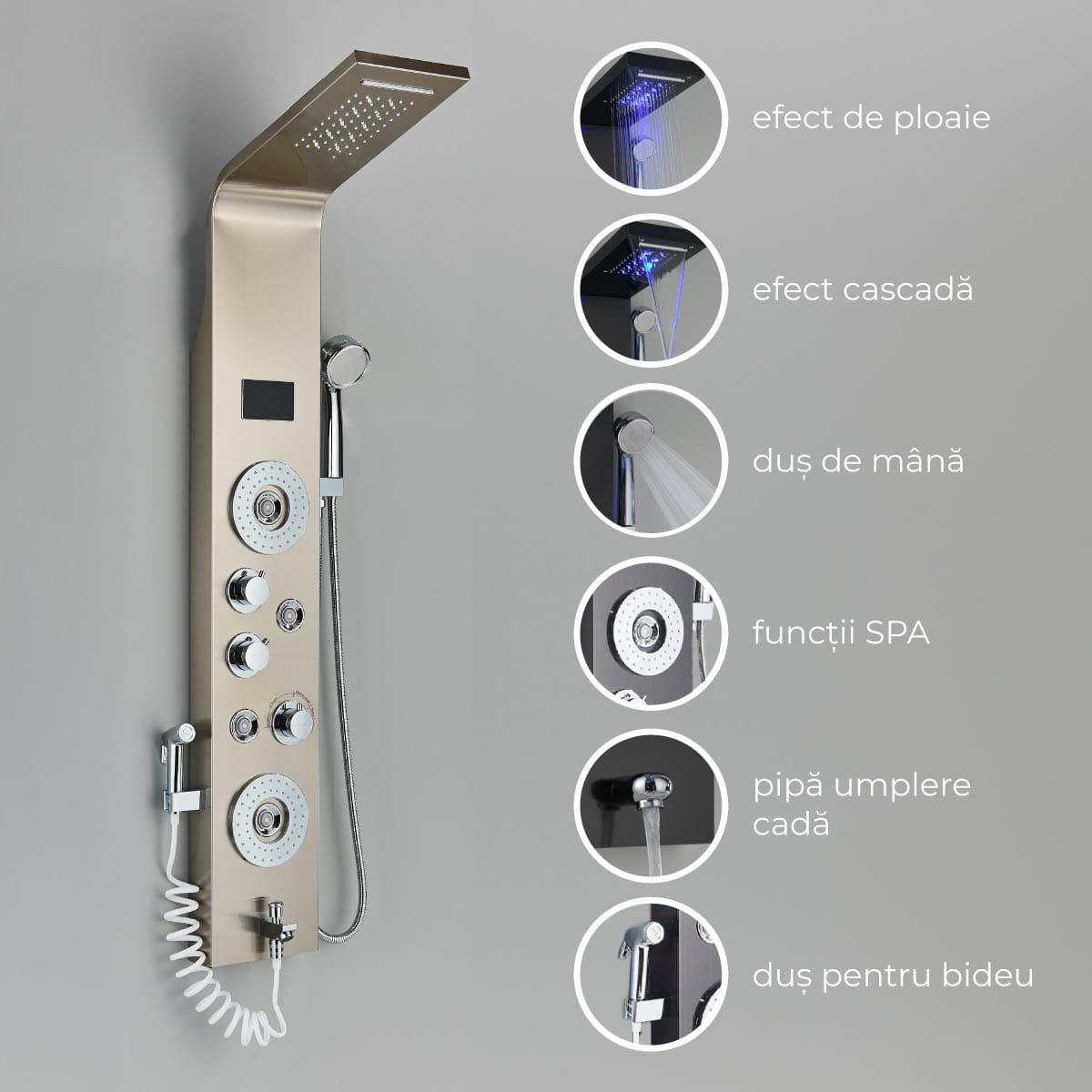 Panel de Dus cu LED, cu efect de ploaie si jeturi cu masaj, cod 1439