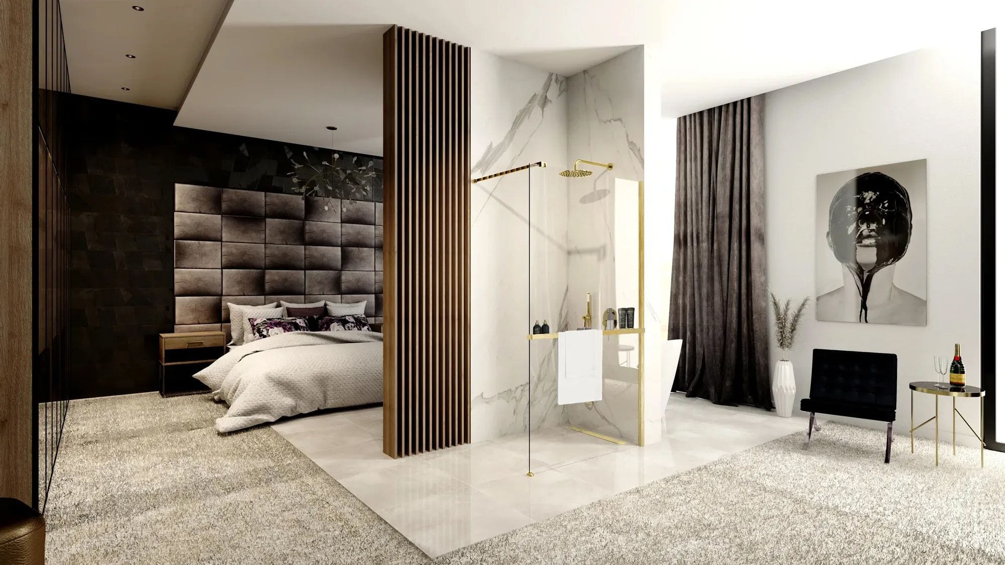 Paravan de duș Rea Aero+Evo, tip walk-in, cu suport de prosoape, auriu periat, 120 cm