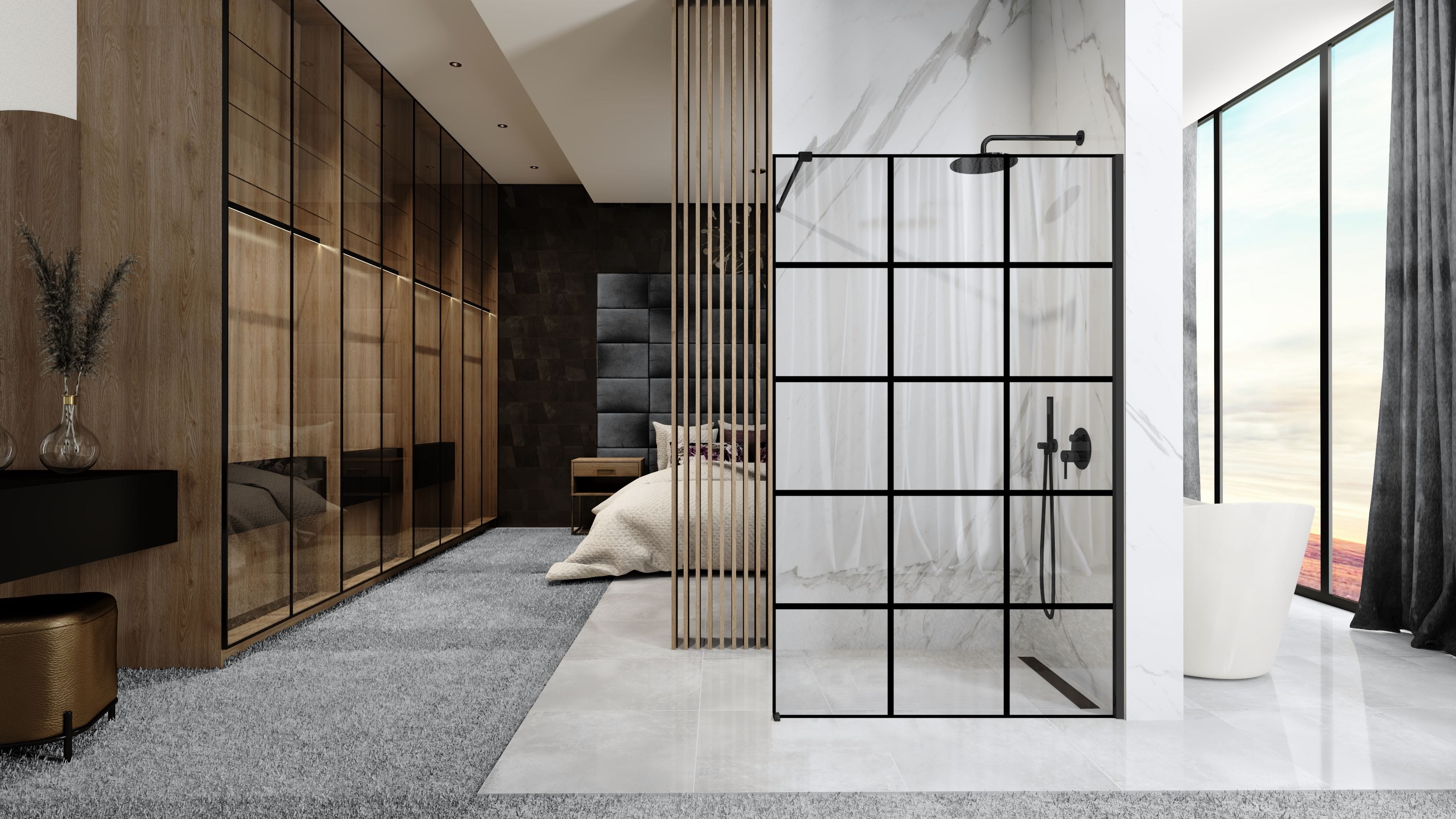 Paravan de duș Rea Bler-1, tip walk-in, negru, 110 cm