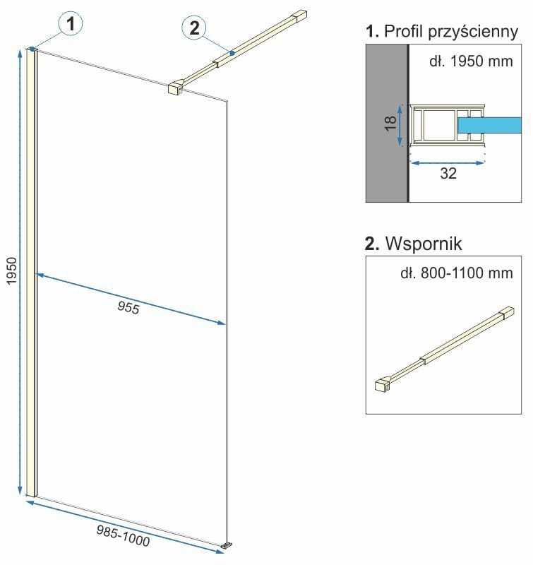 Paravan de dus Rea Aero Ombre, auriu periat, 100 cm
