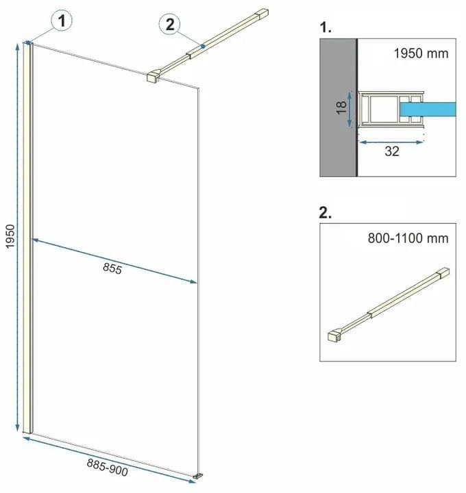 Paravan de dus Rea Aero Ombre, auriu periat, 90 cm